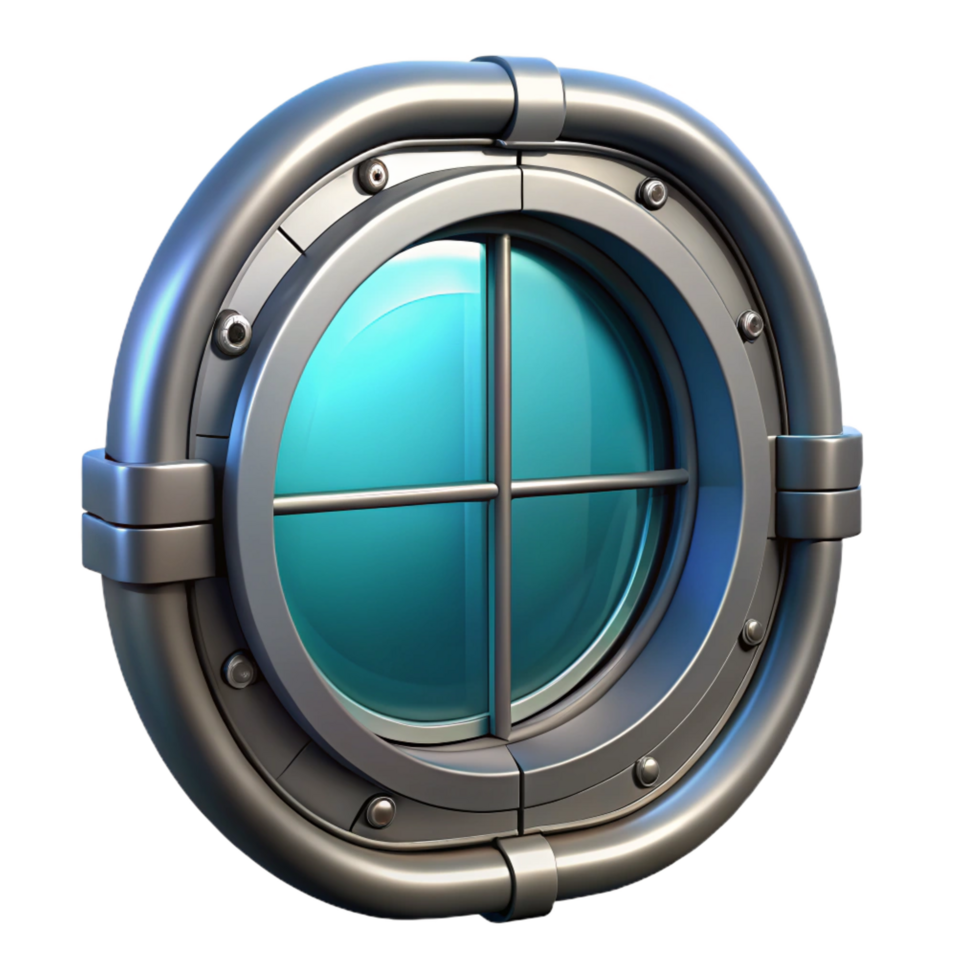 mysterious radiant Spaceship window, reinforced glass, view port, metallic frame. NO BACKGROUND with Transparent Background. professional png