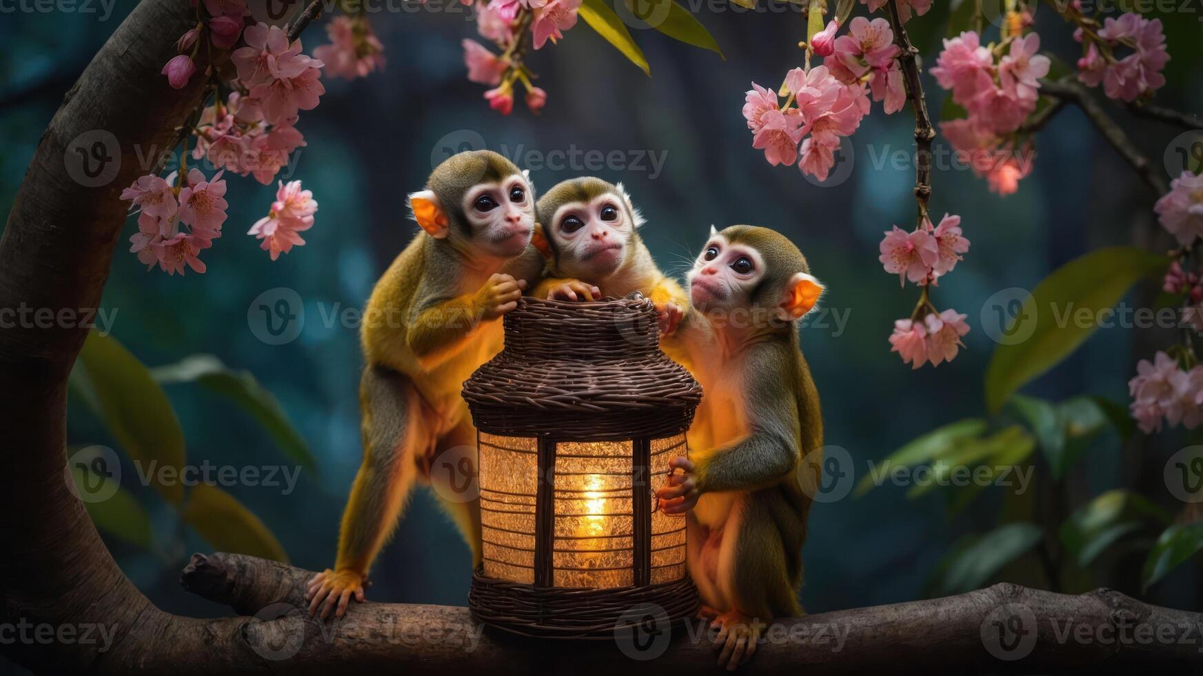 Three monkeys gathered around a glowing lantern amidst cherry blossom branches. photo