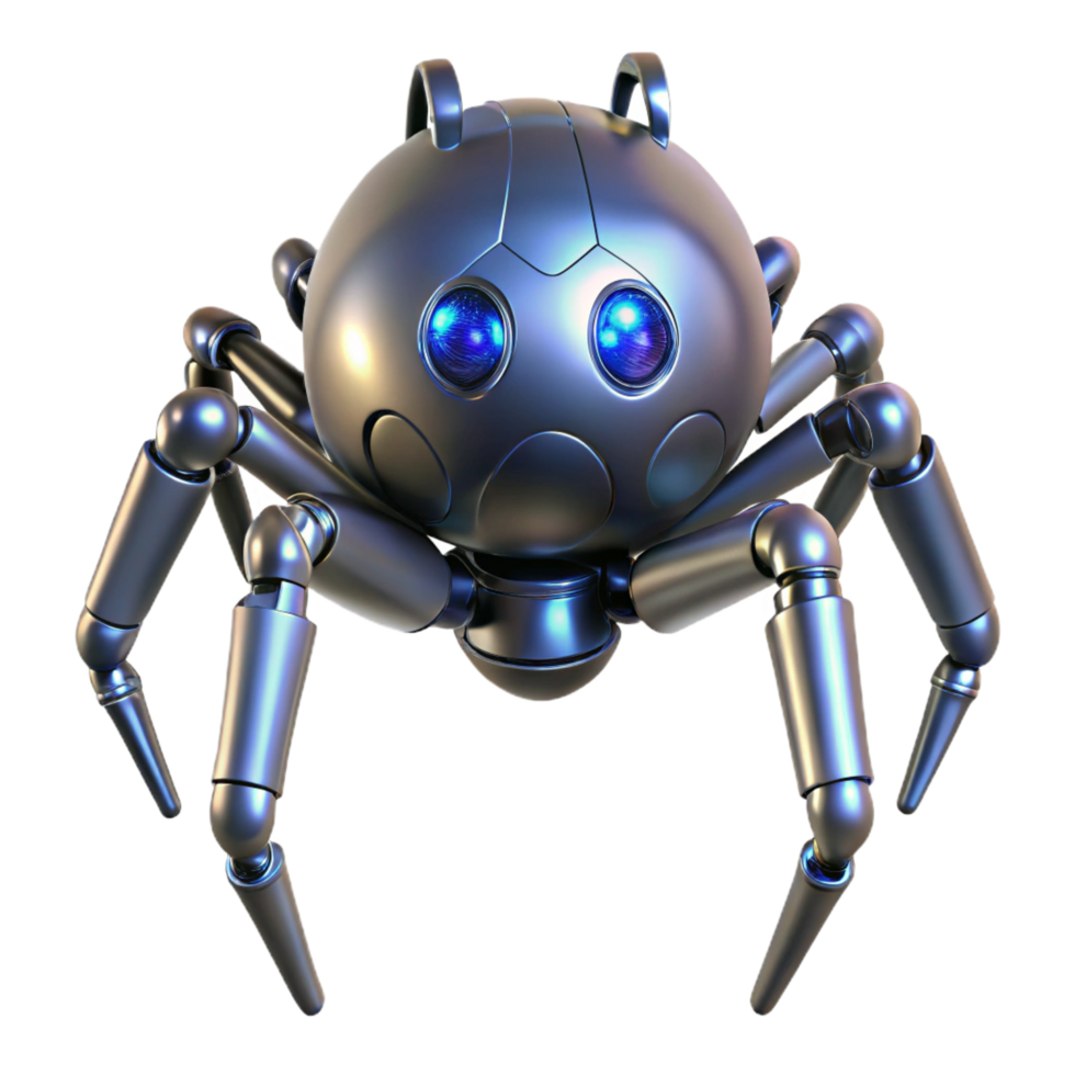 impressive whimsical industrial Robotic spider with metallic legs and glowing sensors. NO BACKGROUND with Transparent Background. professional png