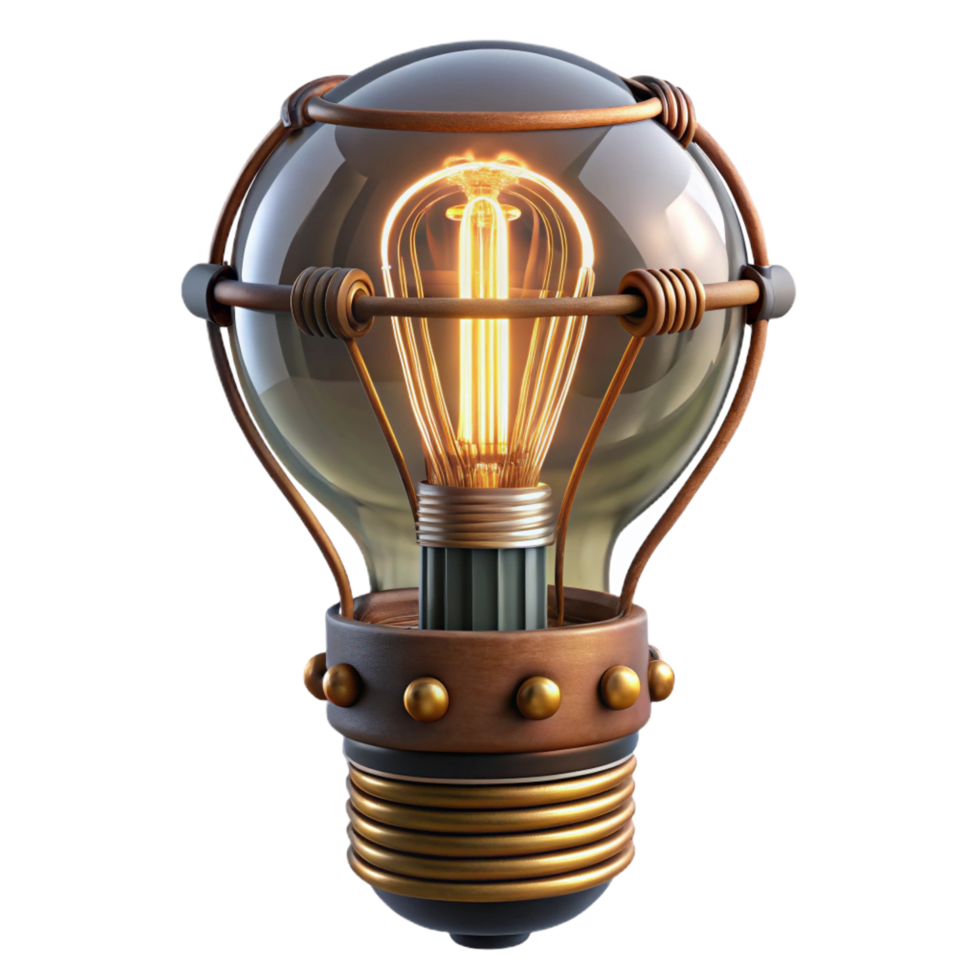 standout futuristic Steampunk light bulb with exposed filaments and intricate wiring. NO BACKGROUND with Transparent Background. 8K png