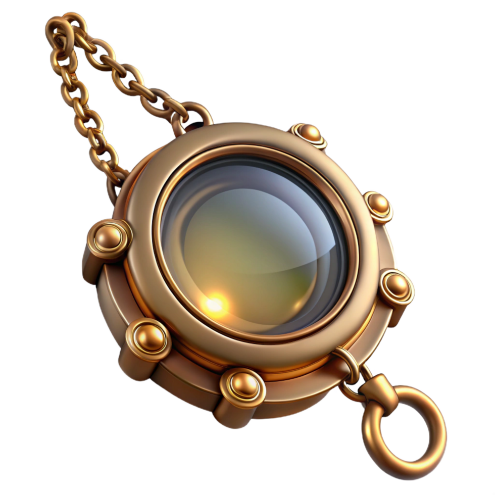 vibrant mid-century Steampunk monocle with a delicate chain and ornate frame. NO BACKGROUND with Transparent Background. masterfully captured png