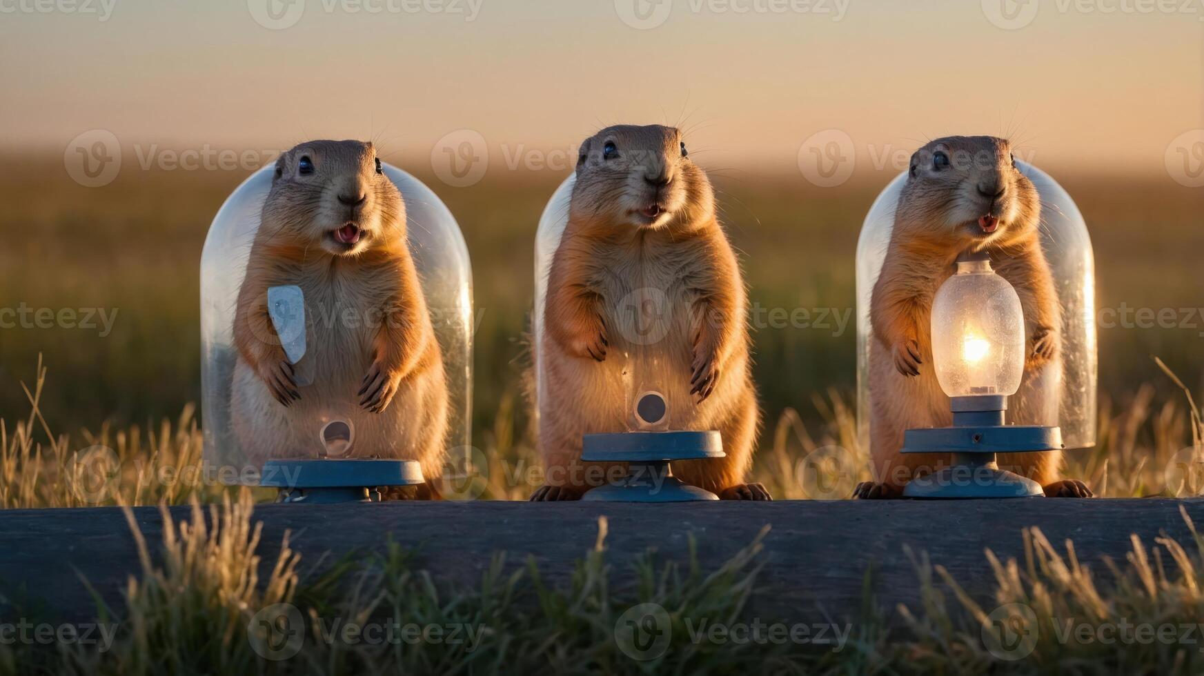 Three prairie dogs inside transparent containers, illuminated in a sunset field. photo