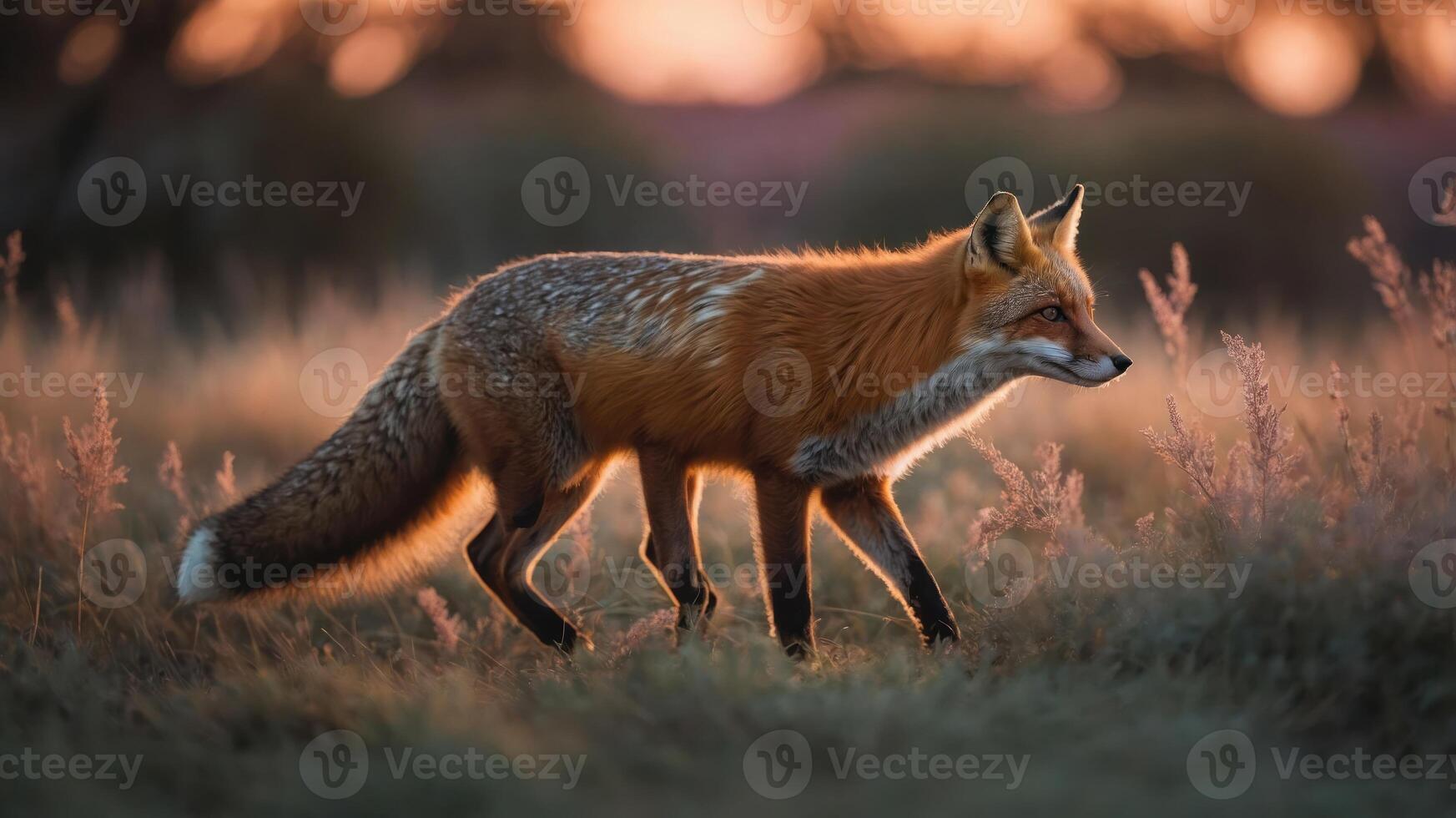 A fox walks gracefully through a sunlit, grassy field at dusk. photo