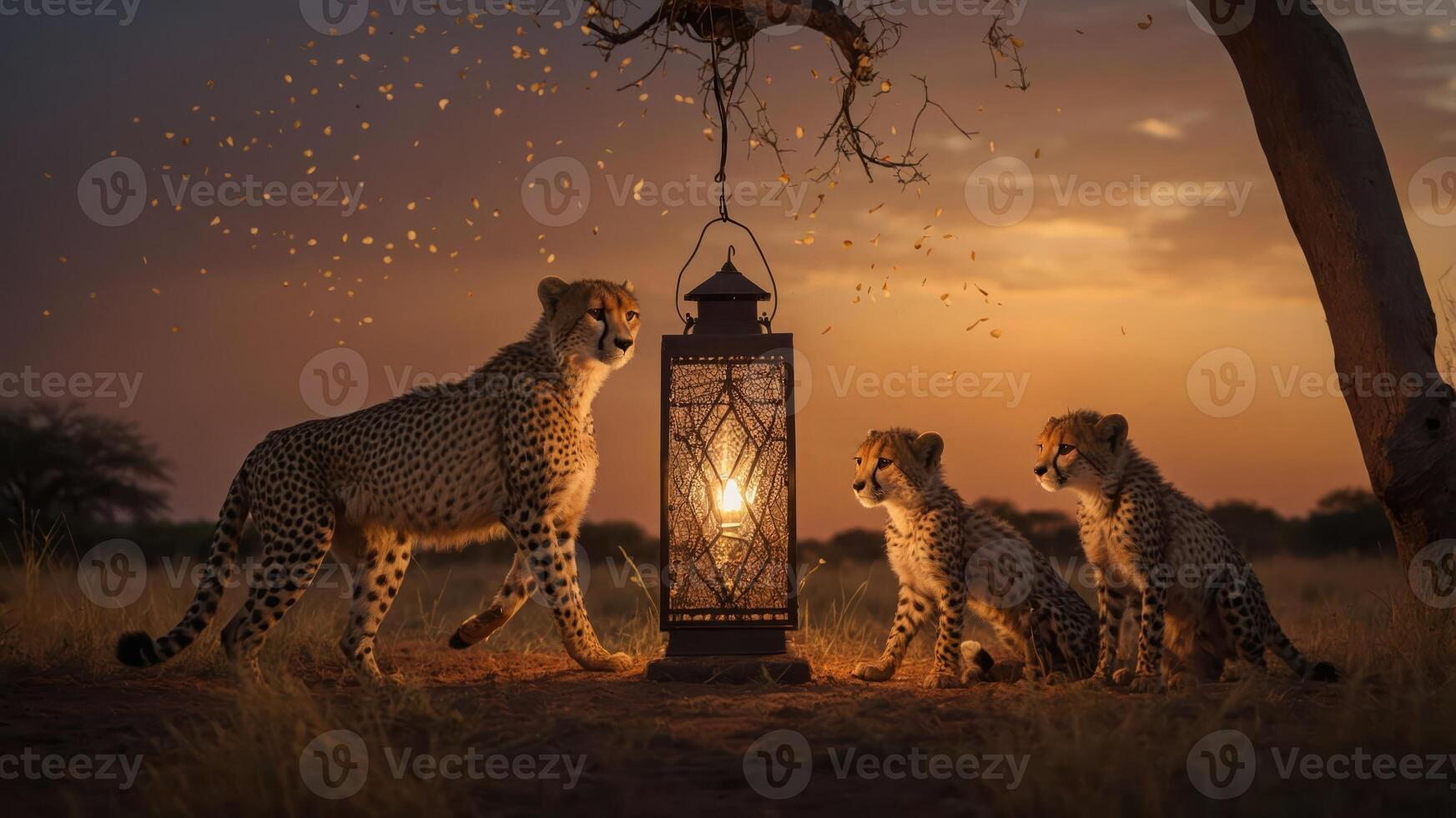 A cheetah and its cubs gather around a lantern in a serene twilight setting. photo