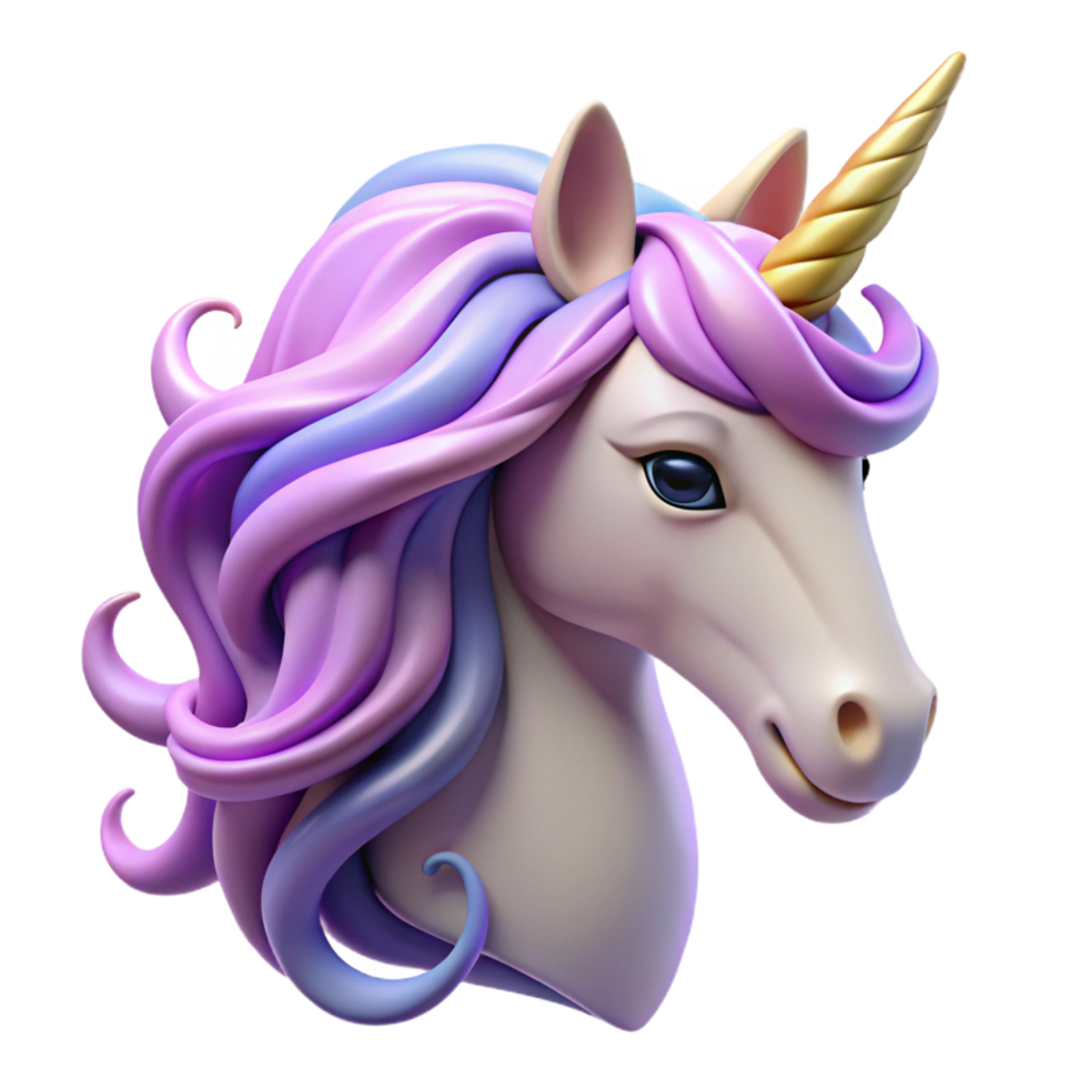 wonderful peaceful avant-garde Mystical unicorn head, flowing mane, spiraled horn, NO BACKGROUND with Transparent Background. top-tier png