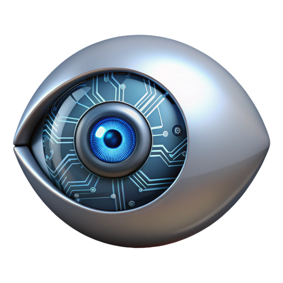 glorious inspired Single metallic cyborg eye with complex circuitry NO BACKGROUND with Transparent Background. png