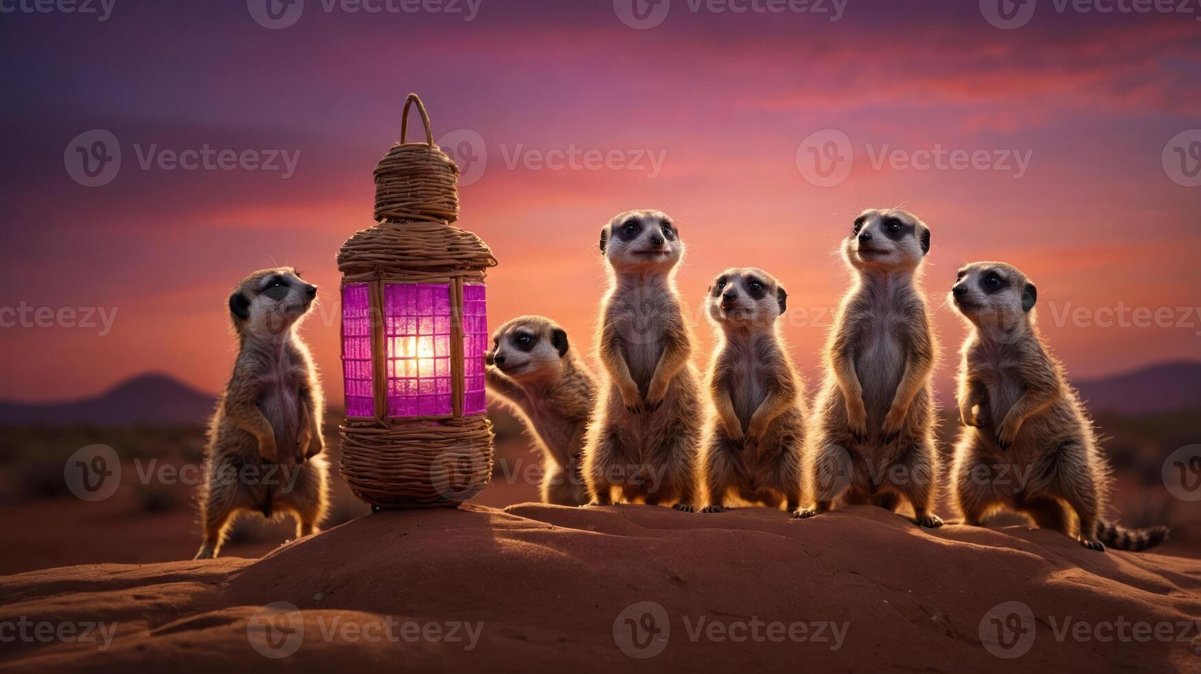 A group of meerkats gathered around a glowing lantern in a desert landscape at sunset. photo