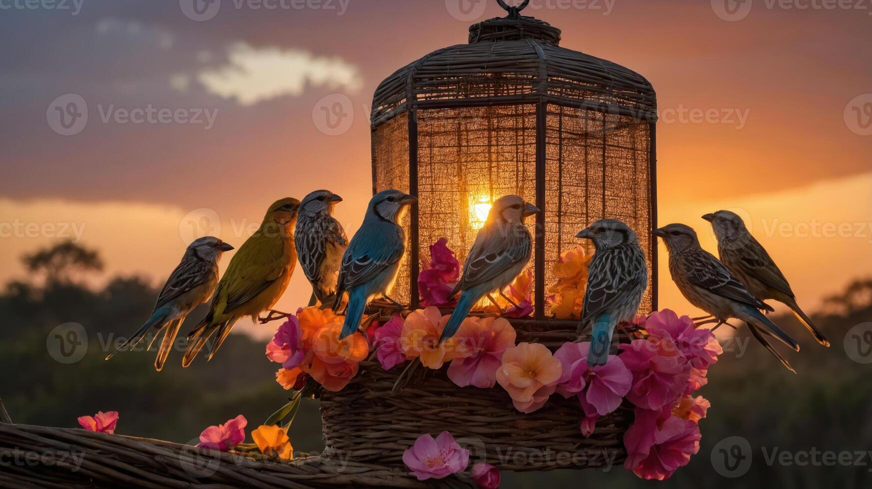 Colorful birds perched around a lantern at sunset, surrounded by flowers. photo