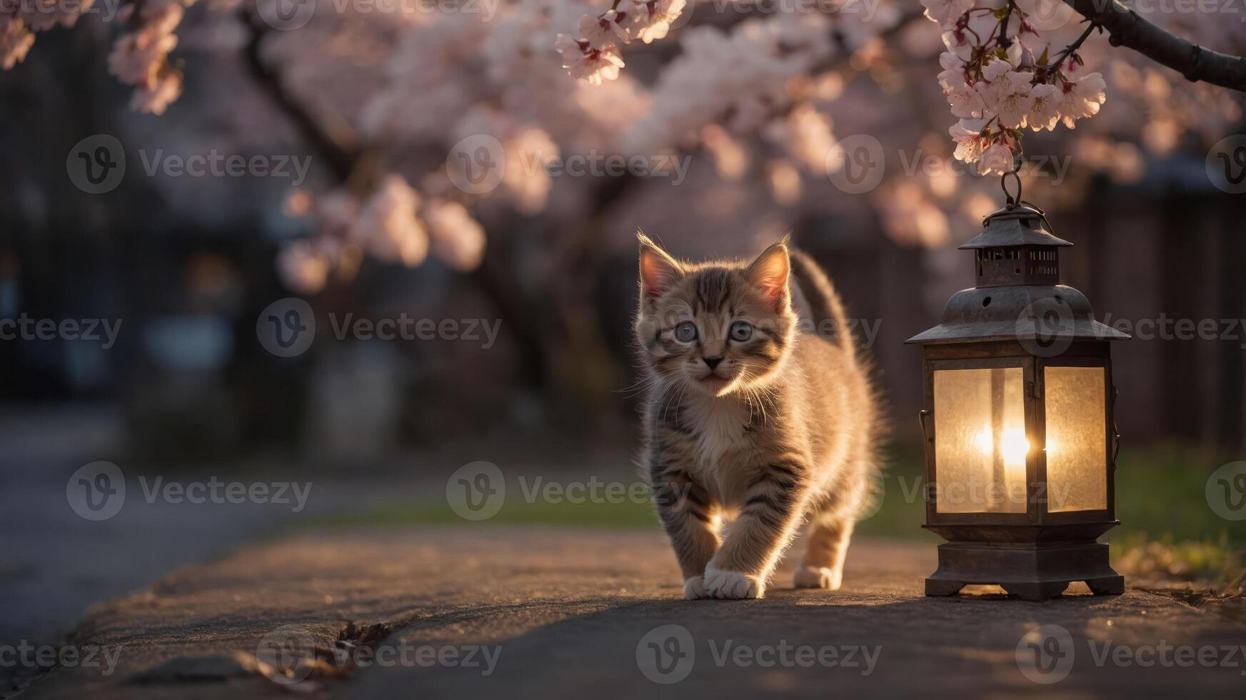 A playful kitten walks beside a glowing lantern under cherry blossom trees. photo