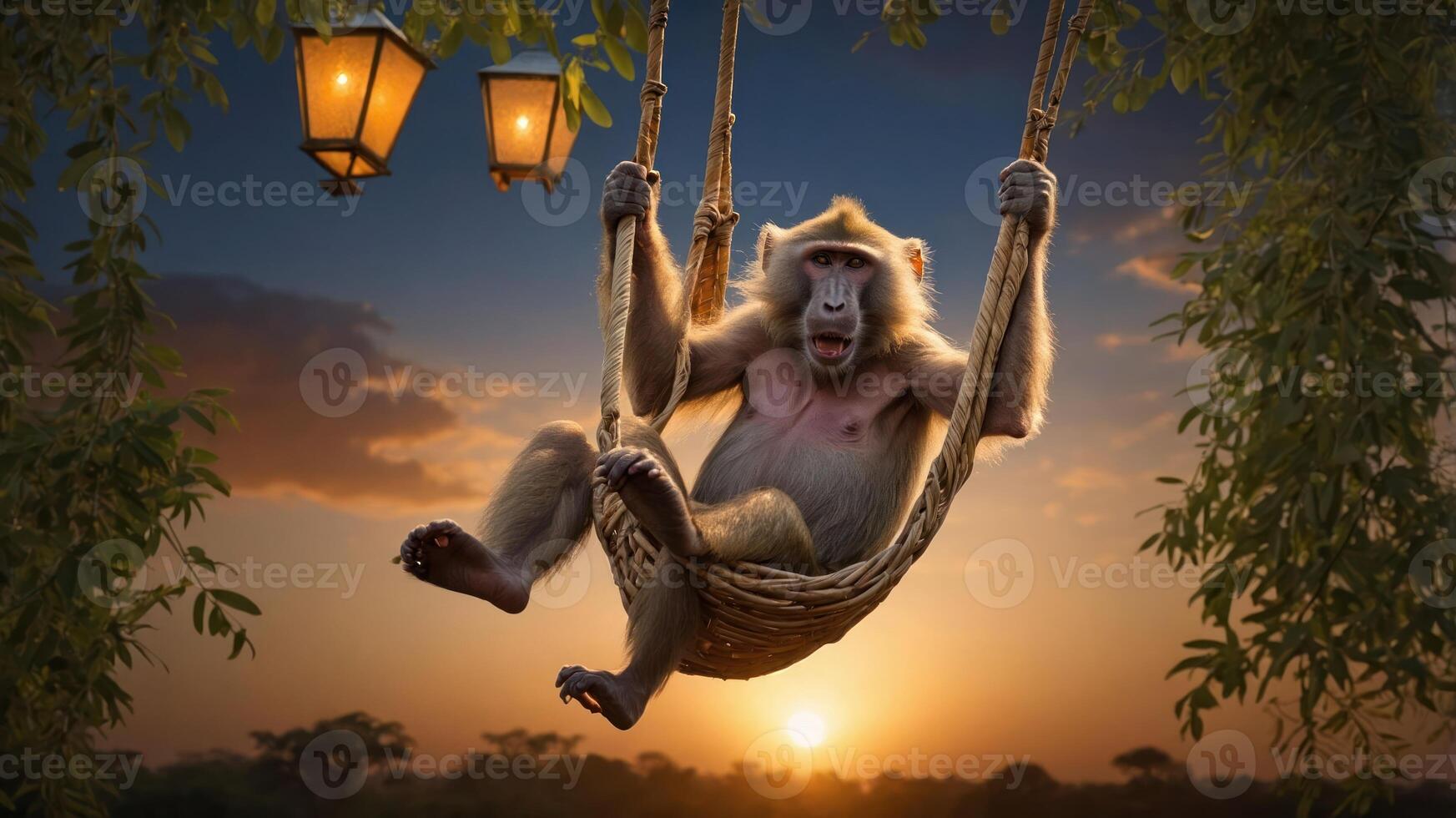 A baboon swings in a hammock at sunset, surrounded by nature and lanterns. photo