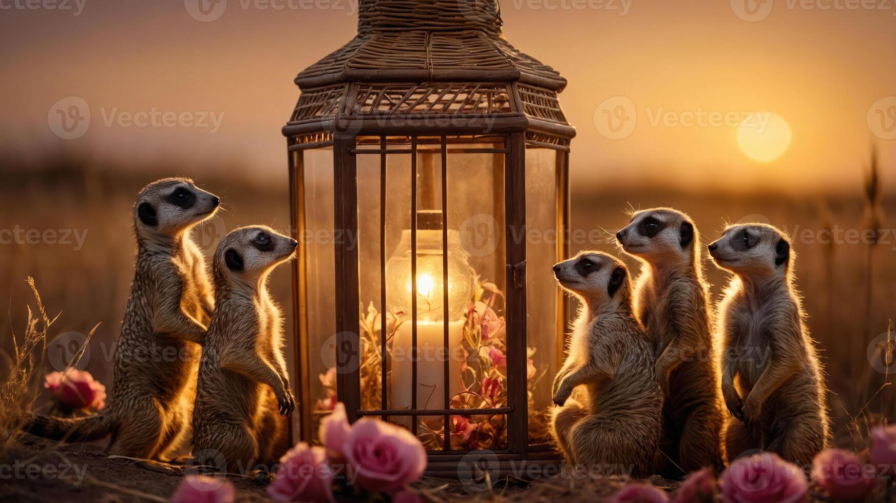 A group of meerkats gathered around a lantern in a serene sunset setting. photo
