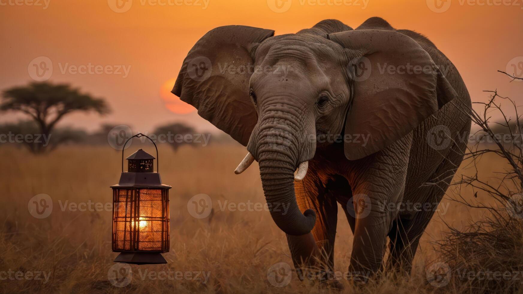 An elephant stands near a lantern at sunset in a serene landscape. photo