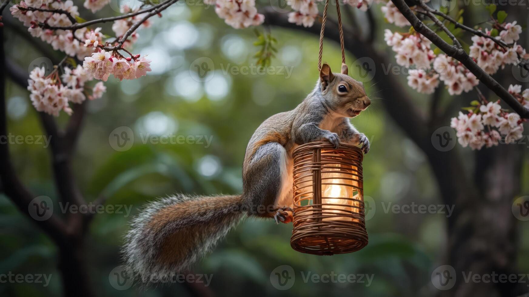 A squirrel perched on a lantern surrounded by blooming flowers, creating a whimsical scene. photo