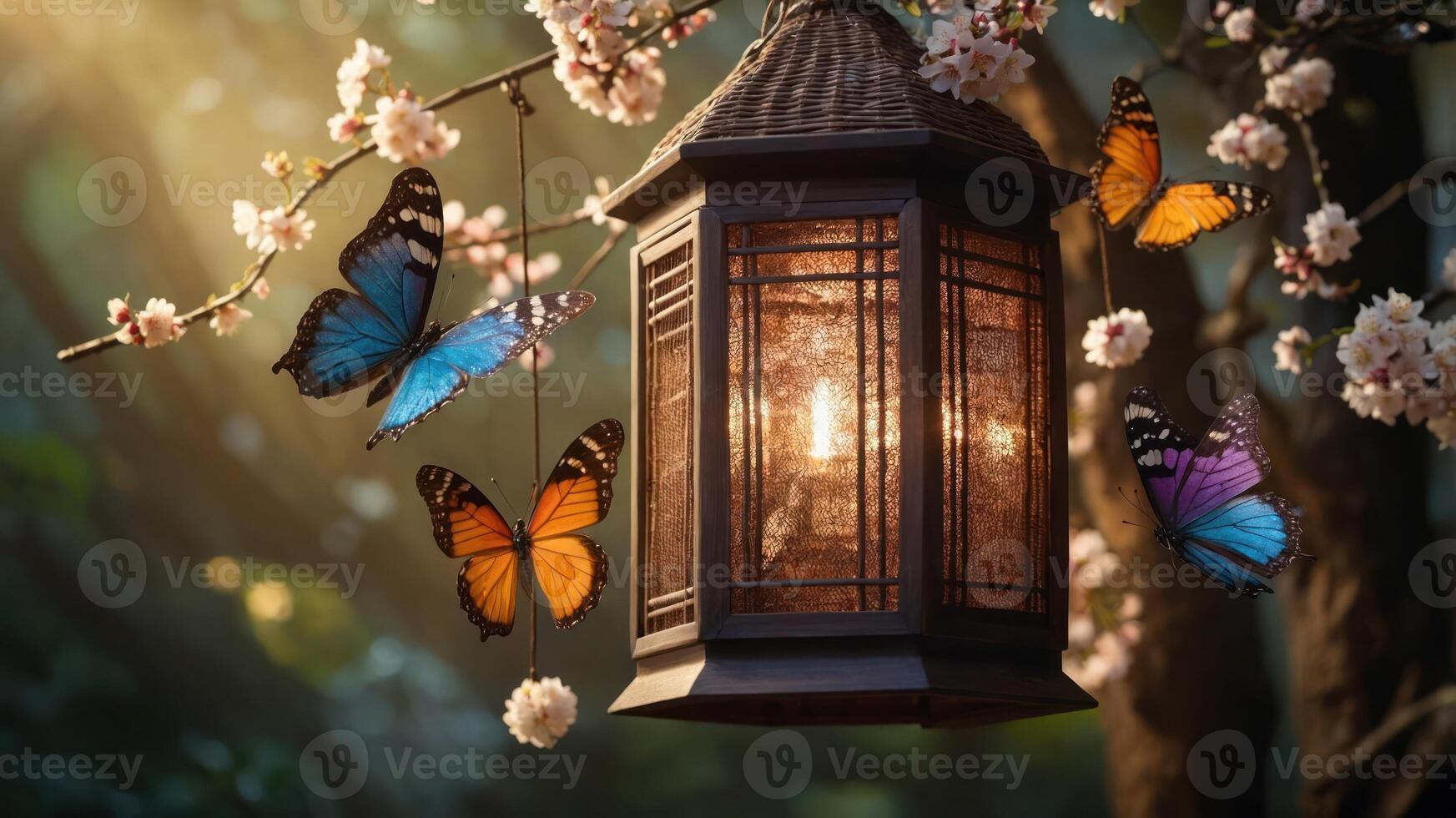 A lantern hangs amidst cherry blossoms and butterflies, creating a serene nature scene. photo
