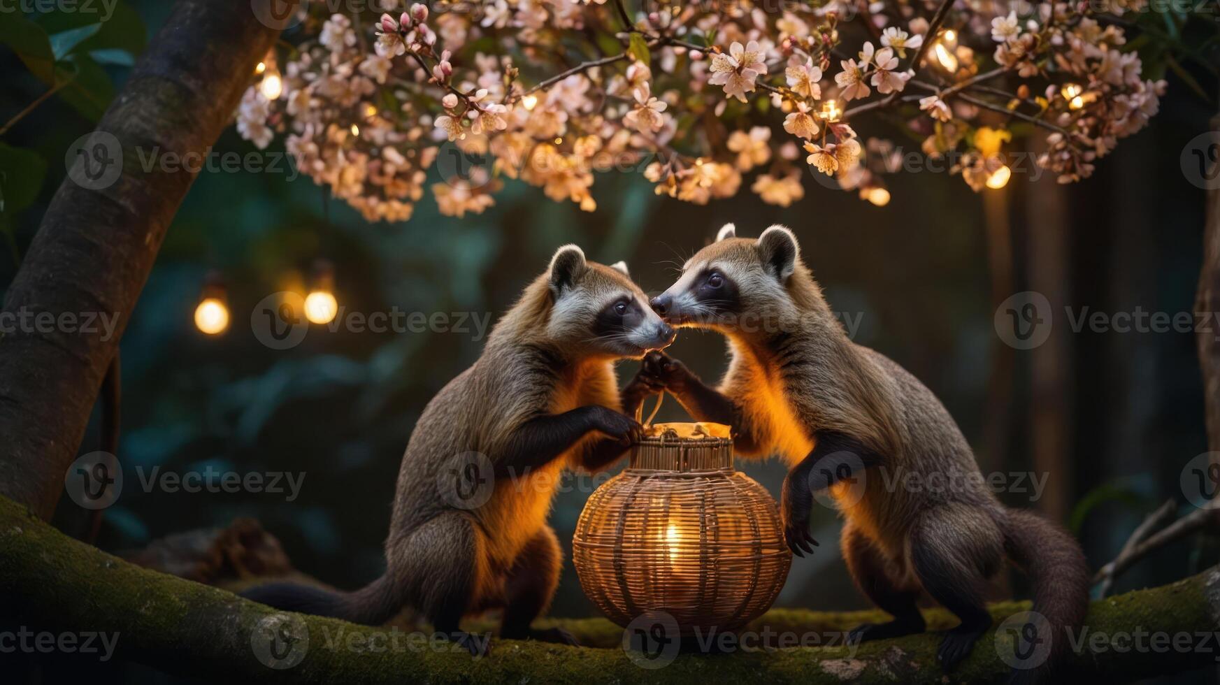 Two raccoons interact playfully around a lantern under cherry blossoms. photo