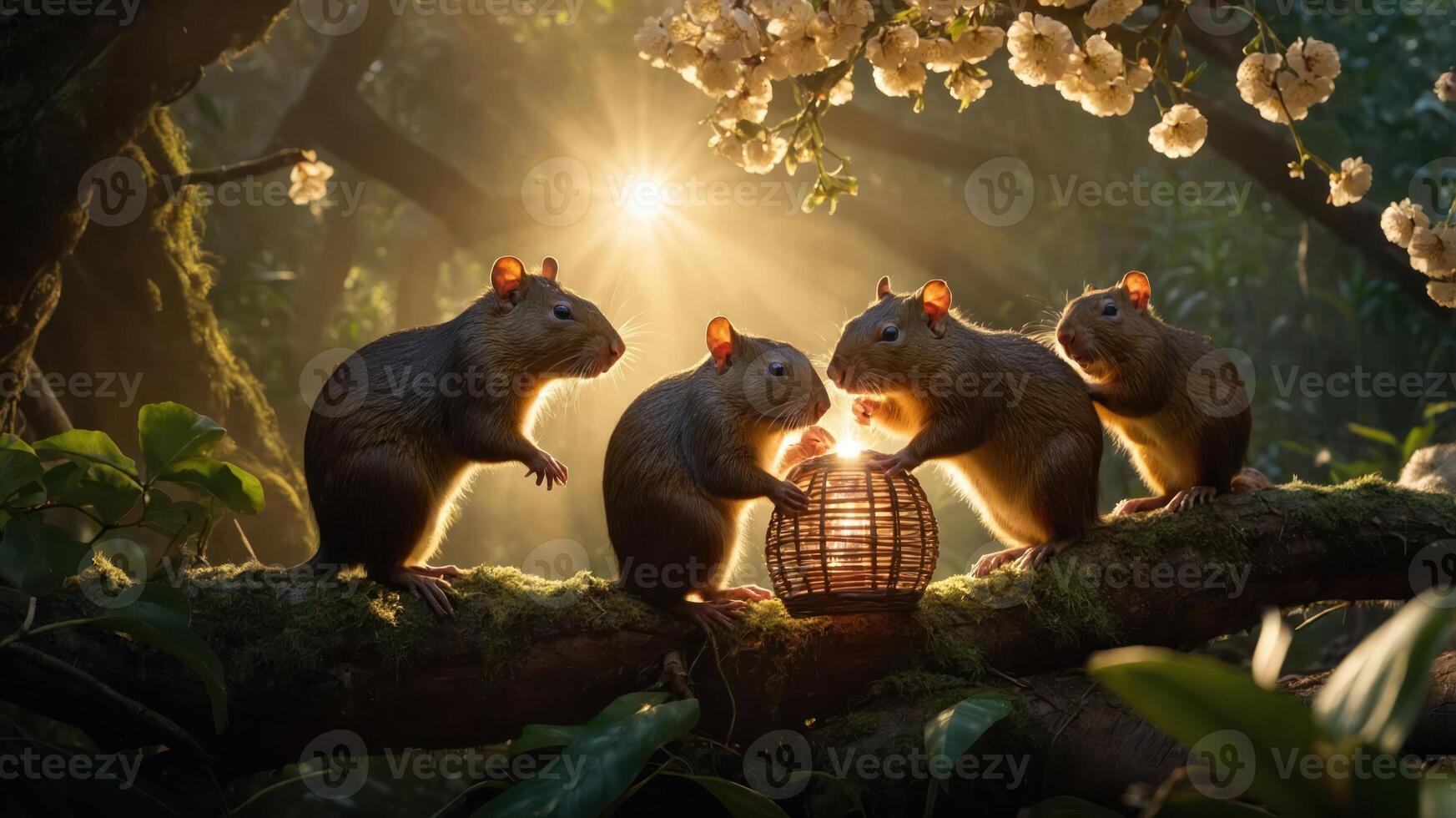 A serene scene of four rodents gathered around a lantern in a sunlit forest. photo