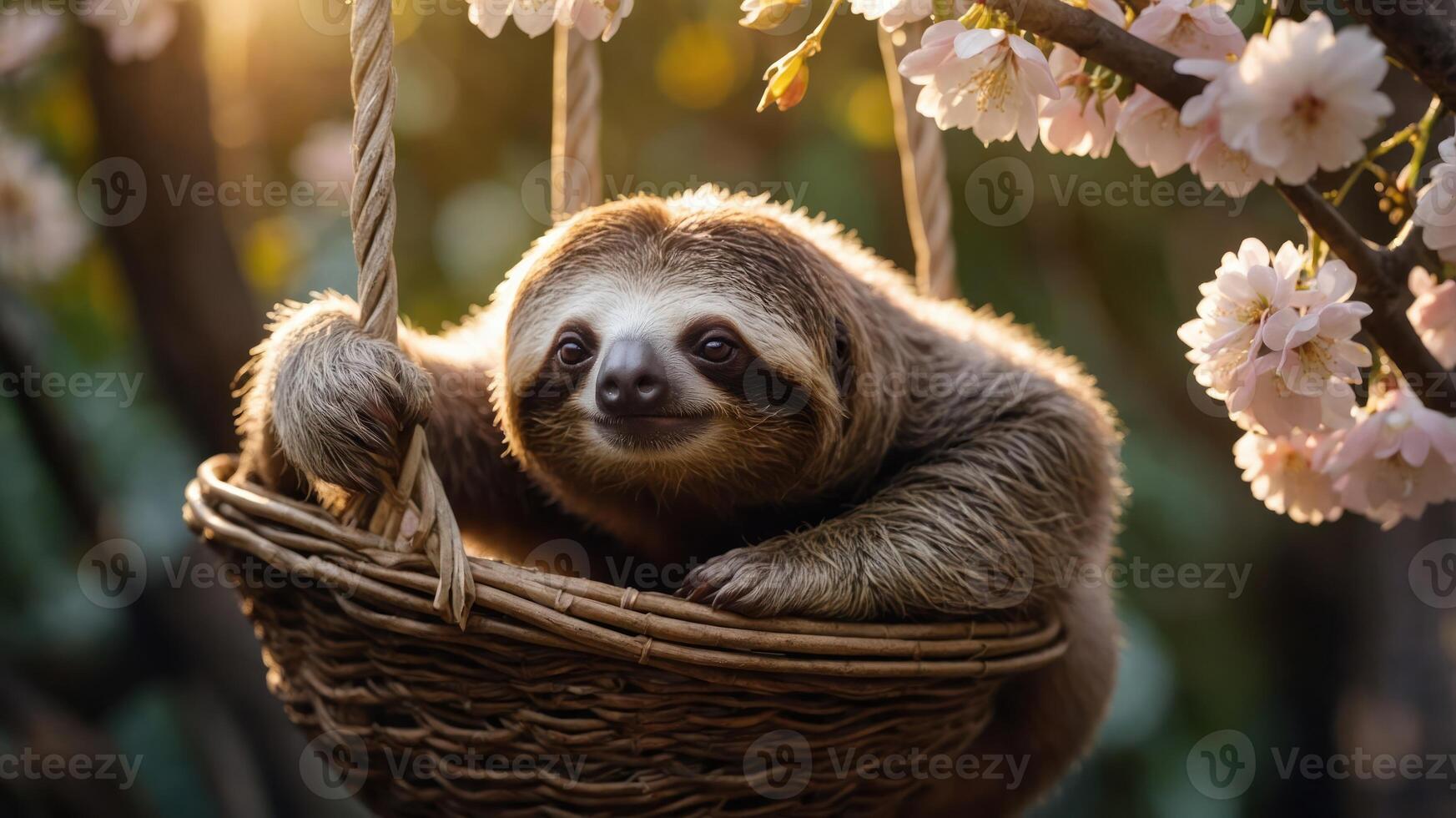 A sloth relaxing in a woven basket surrounded by blooming flowers in a serene setting. photo