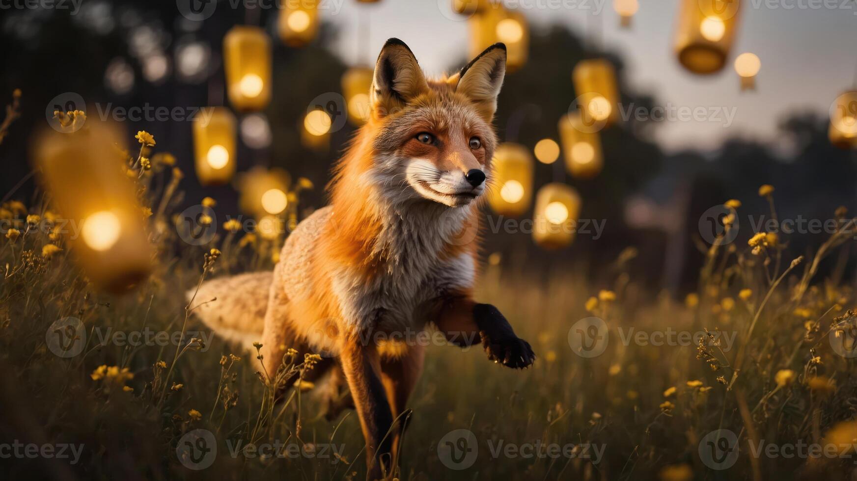 A fox joyfully running through a field illuminated by floating lanterns at dusk. photo