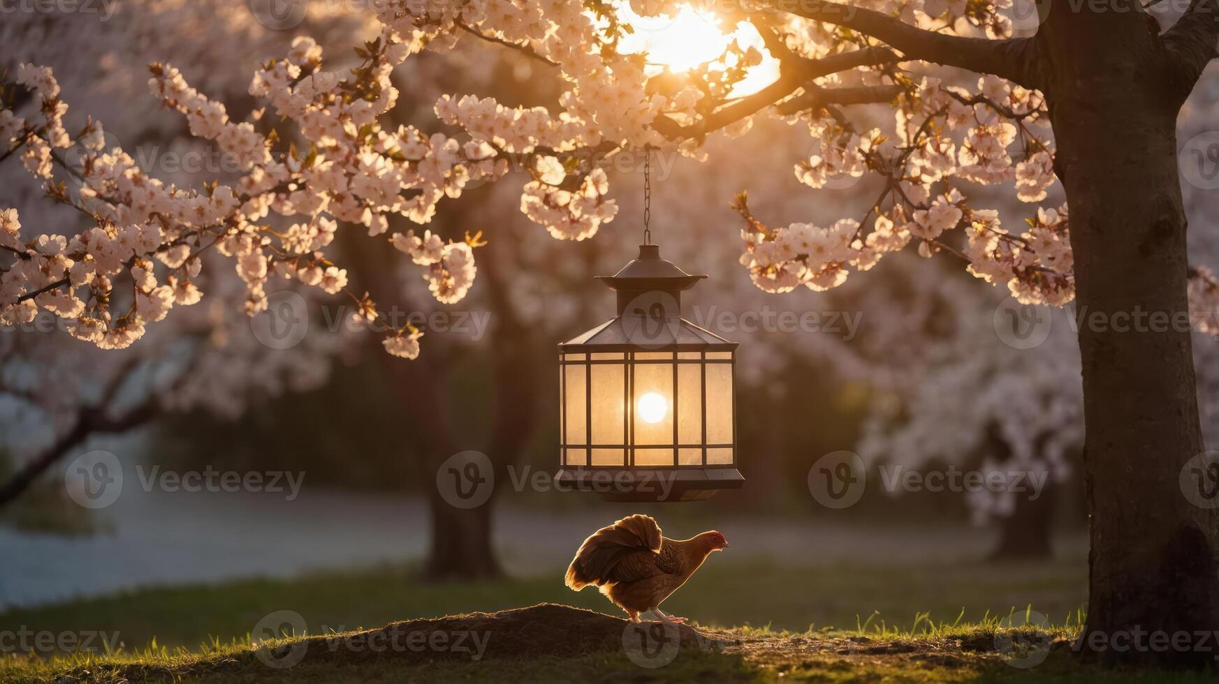 A serene scene of a lantern hanging among cherry blossoms with a turkey in the foreground. photo