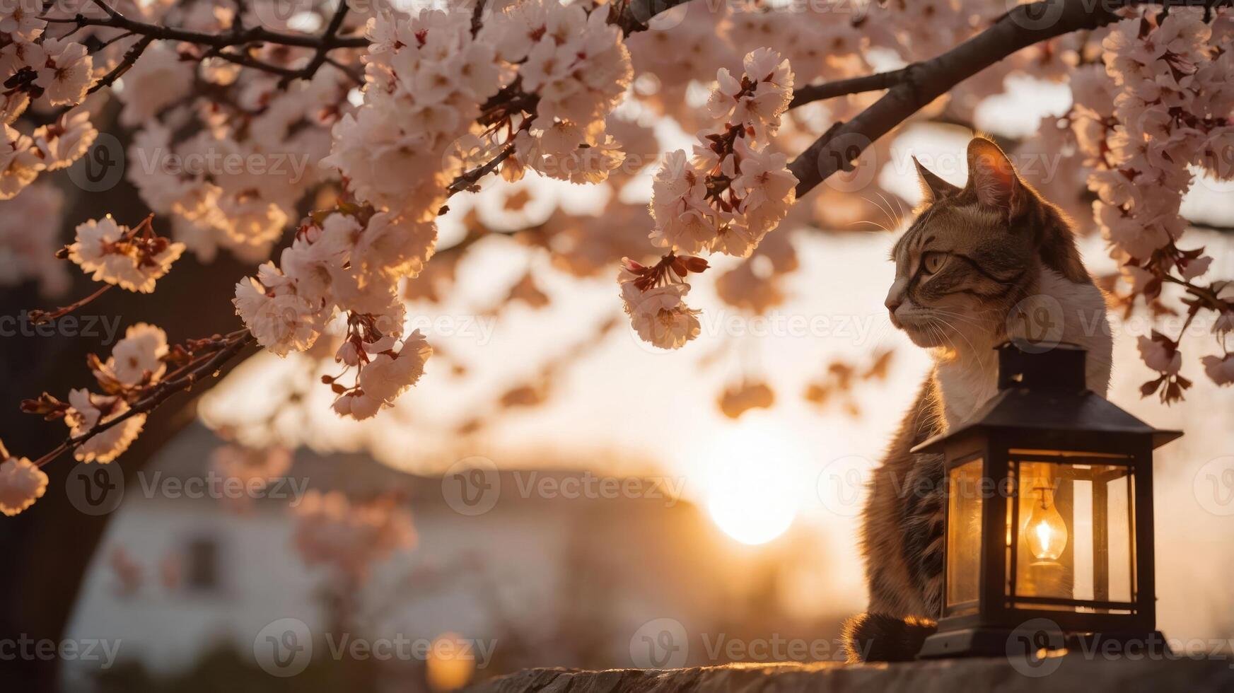 A serene cat sits beside a lantern under blooming cherry blossoms at sunset. photo