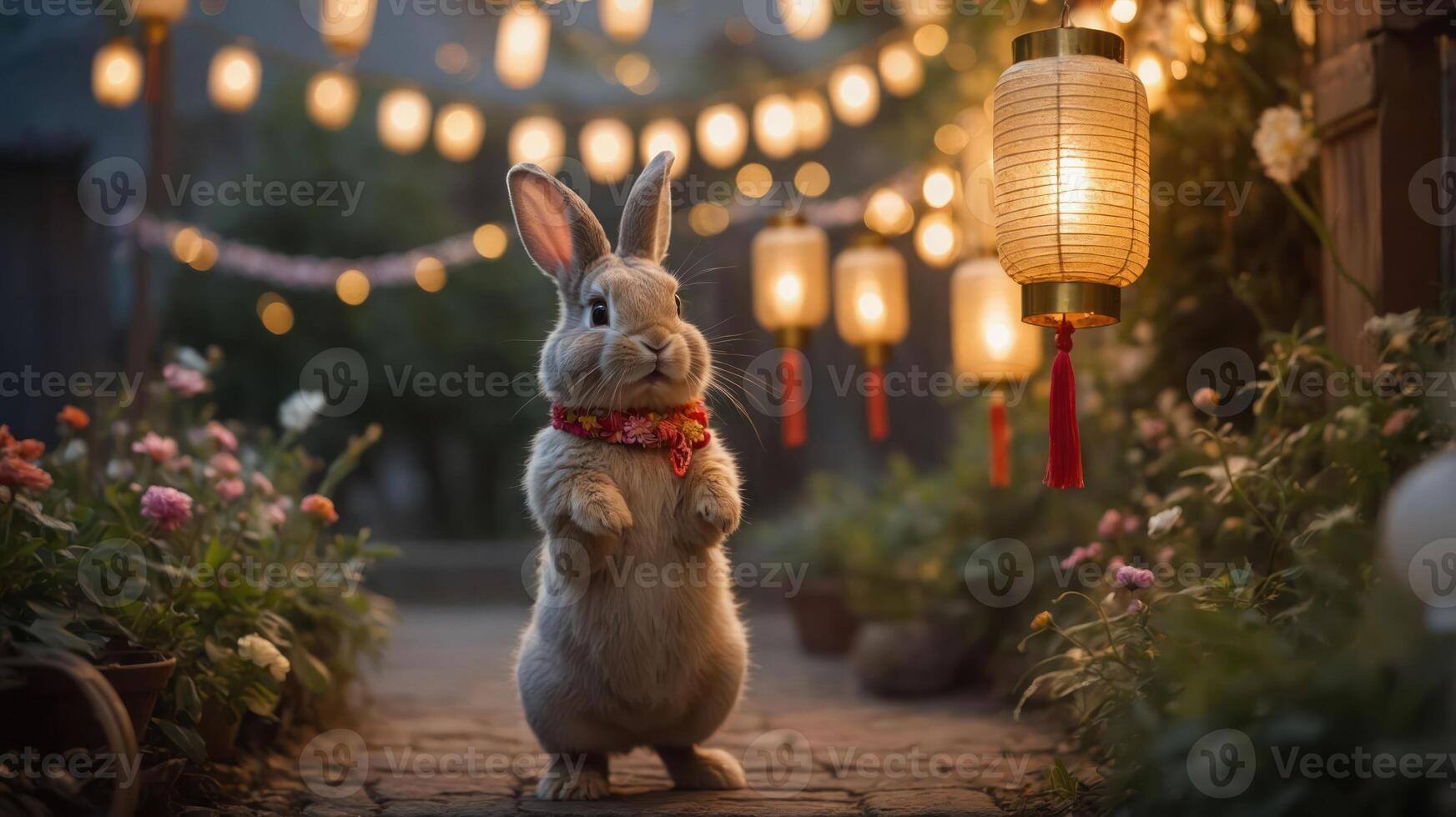 A charming rabbit stands in a garden adorned with lanterns and flowers, evoking a festive atmosphere. photo