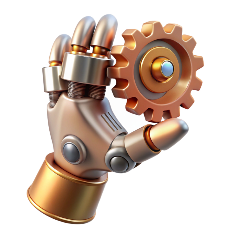 hypnotic renaissance Steampunk robotic hand holding a gear. NO BACKGROUND with Transparent Background. fine detail png