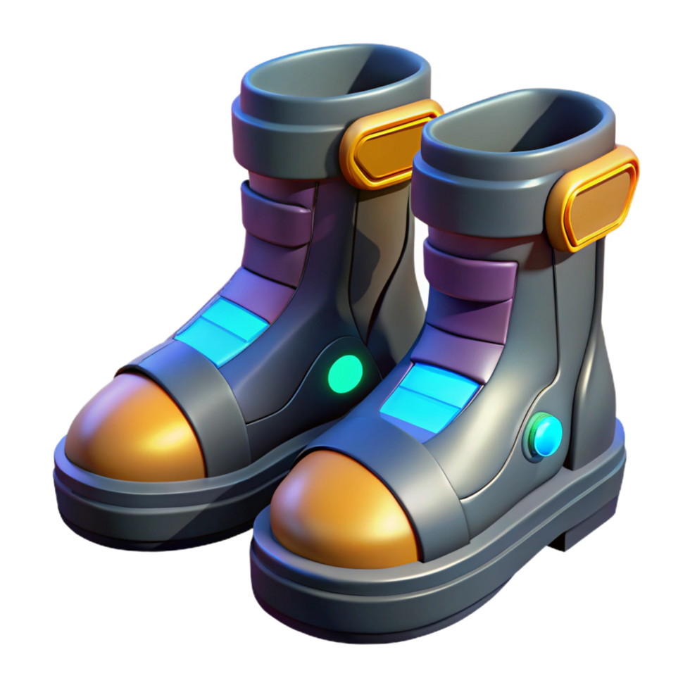 passionate magnificent Cyberpunk boots with glowing soles. NO BACKGROUND with Transparent Background. authentic png