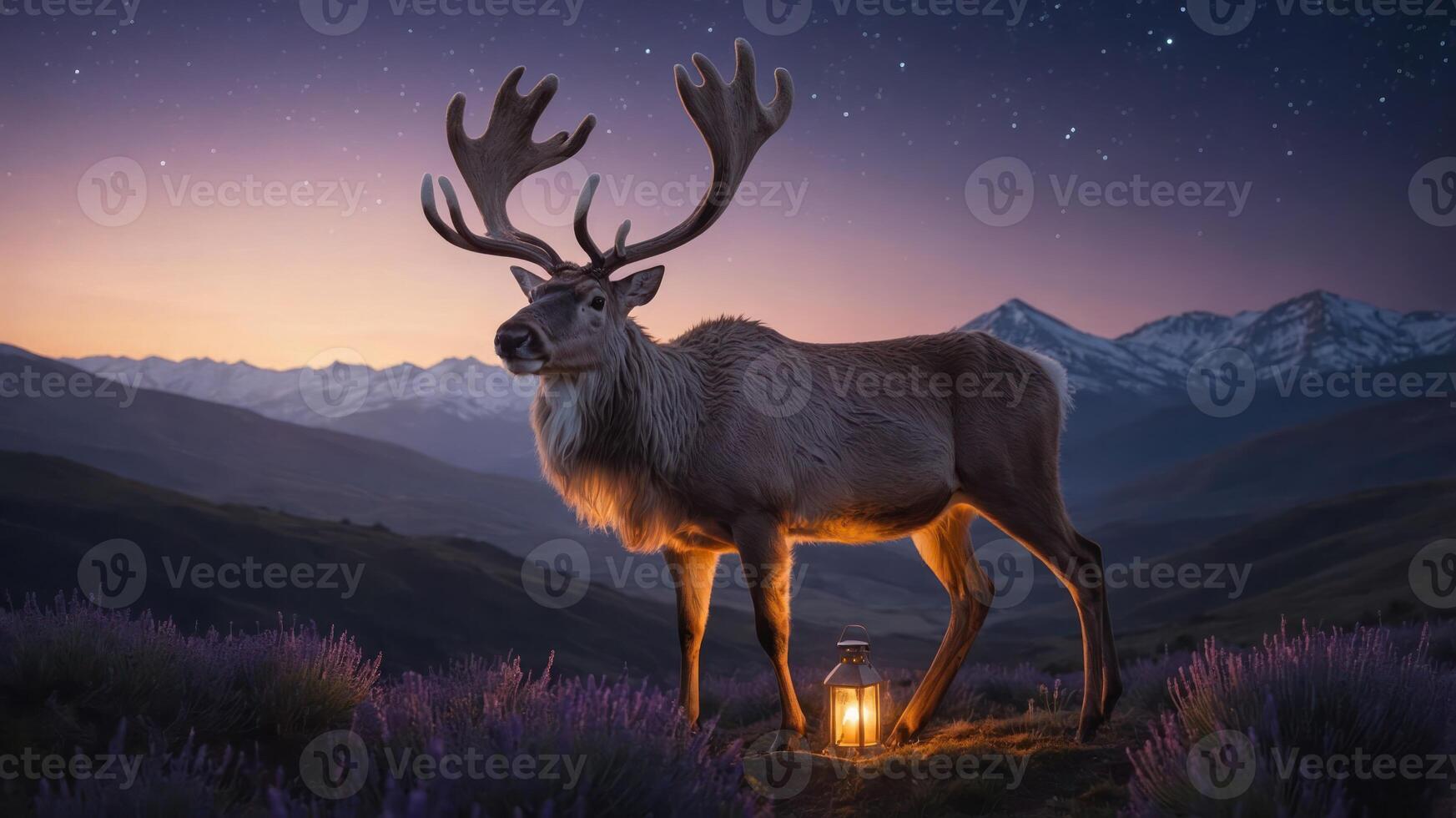 A majestic reindeer stands beside a lantern against a twilight mountain backdrop. photo