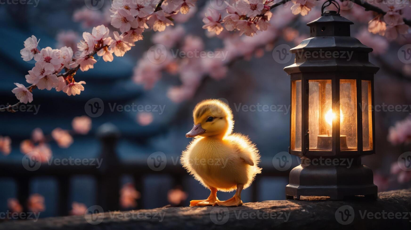 A fluffy duckling stands near a glowing lantern amidst cherry blossoms at dusk. photo