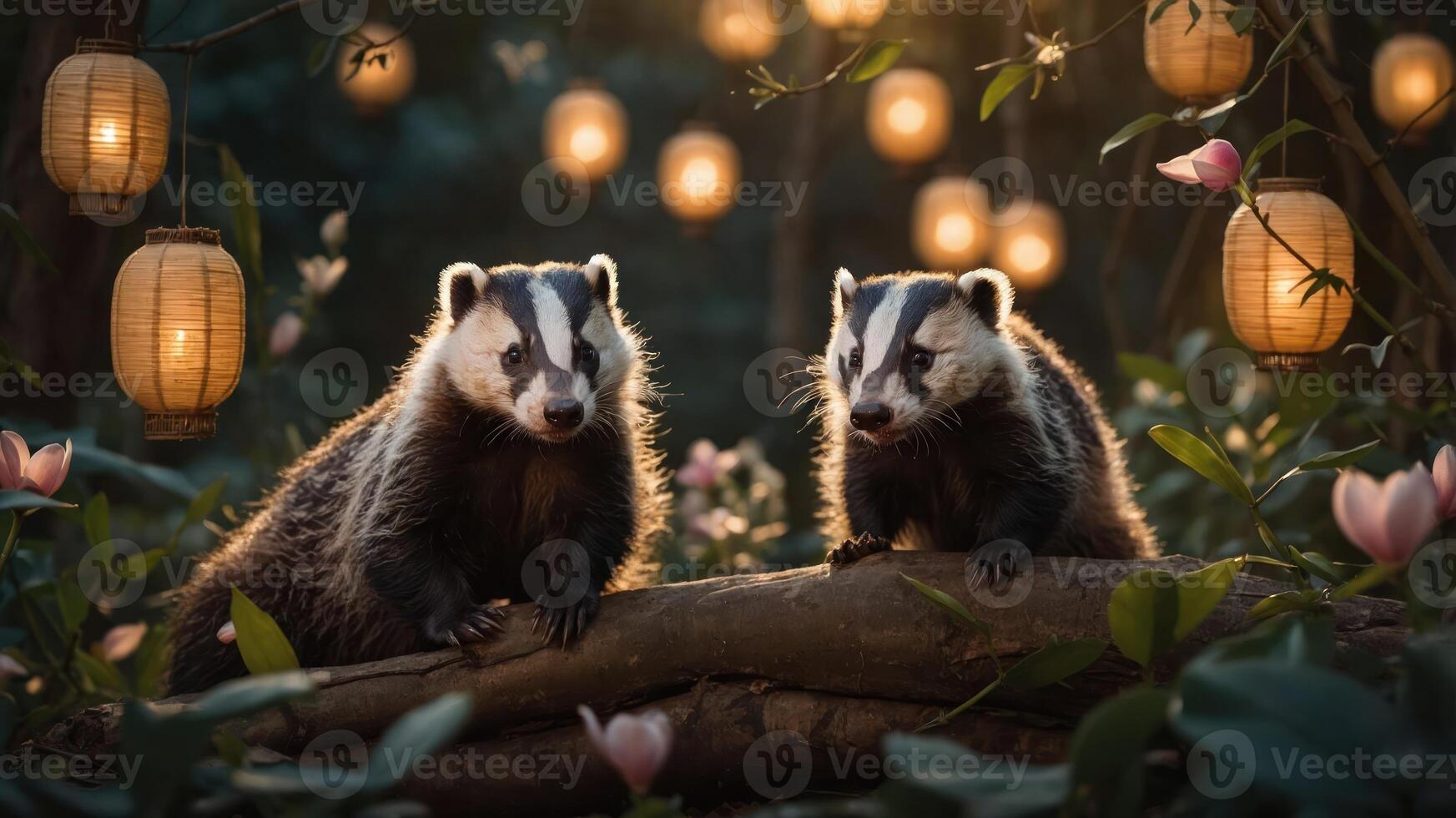 Two badgers sit on a log surrounded by glowing lanterns and flowers in a serene forest setting. photo