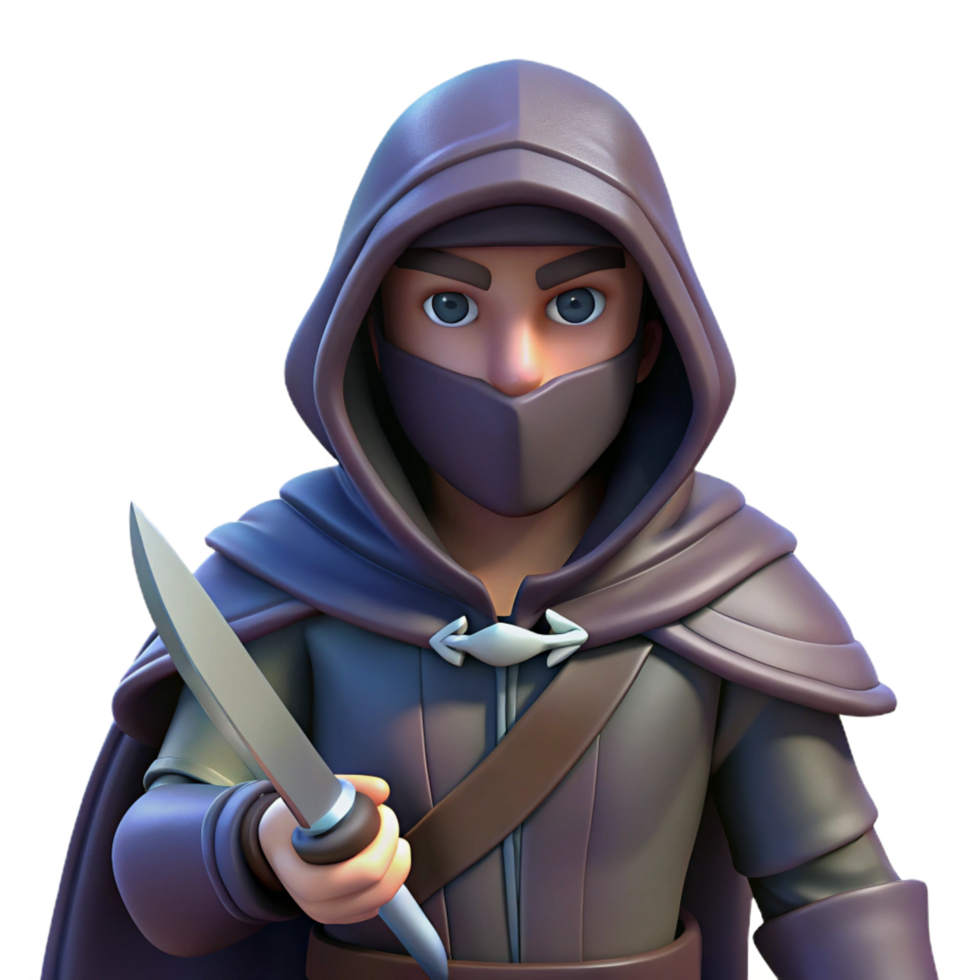 pristine quintessential A hooded fantasy assassin, holding a dagger. NO BACKGROUND with Transparent Background. png