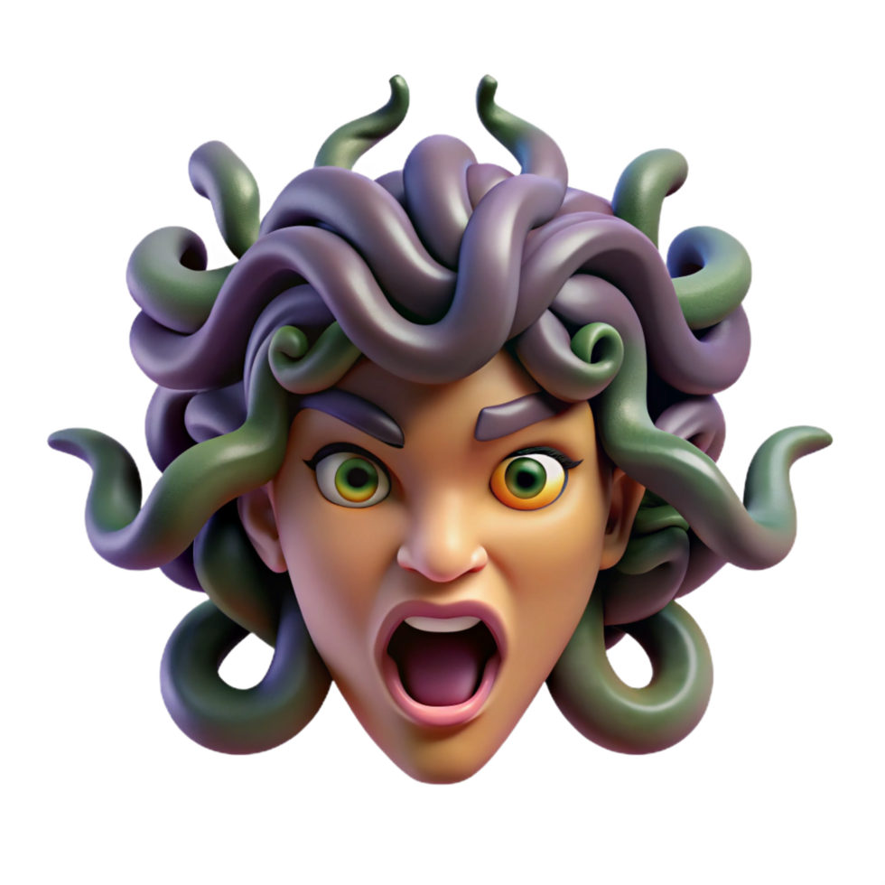 wonderful mysterious mid-century A menacing medusa head, snakes writhing. NO BACKGROUND with Transparent Background. precision png
