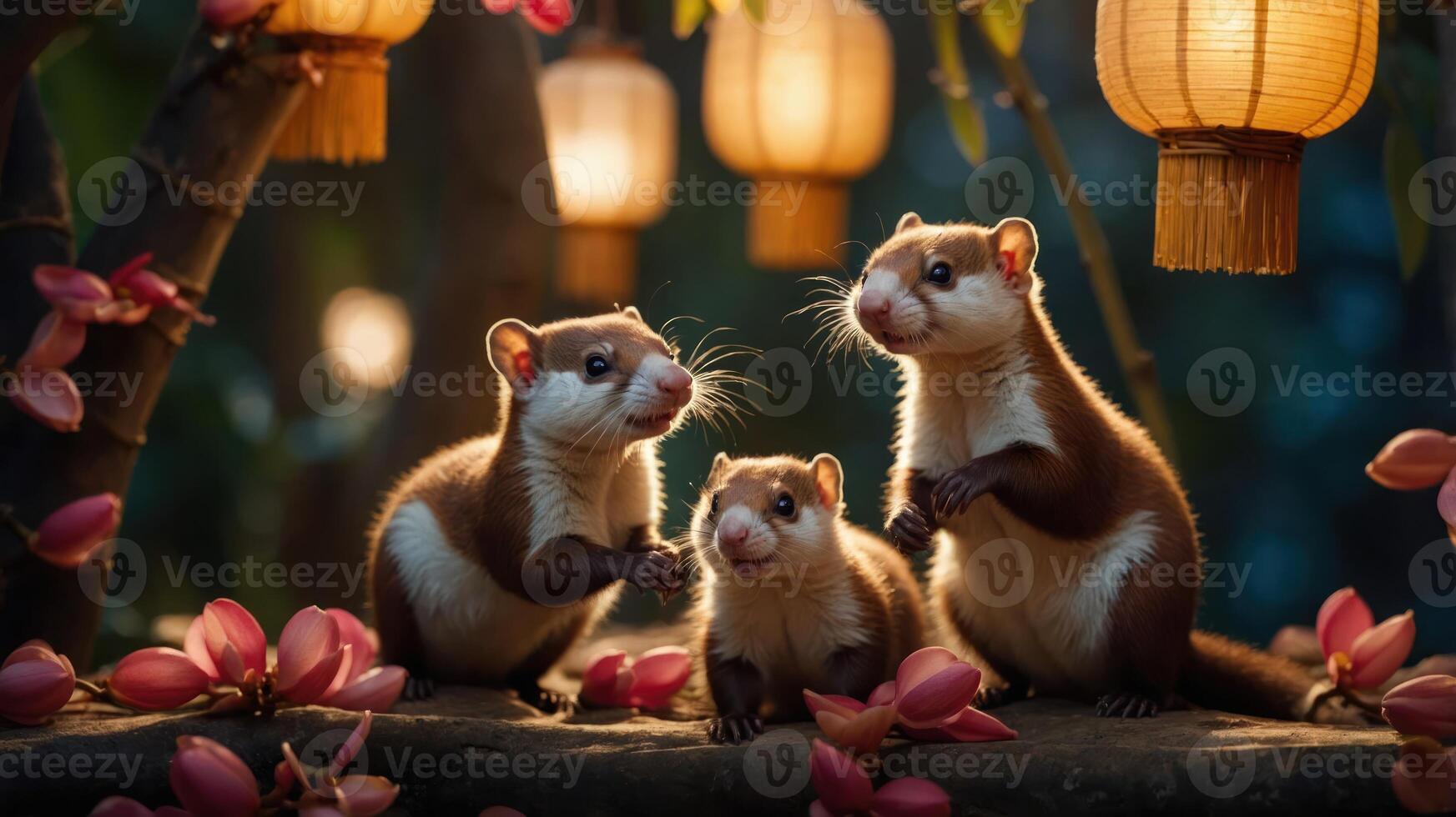 Three adorable animals gathered under lanterns amidst flowers in a serene setting. photo