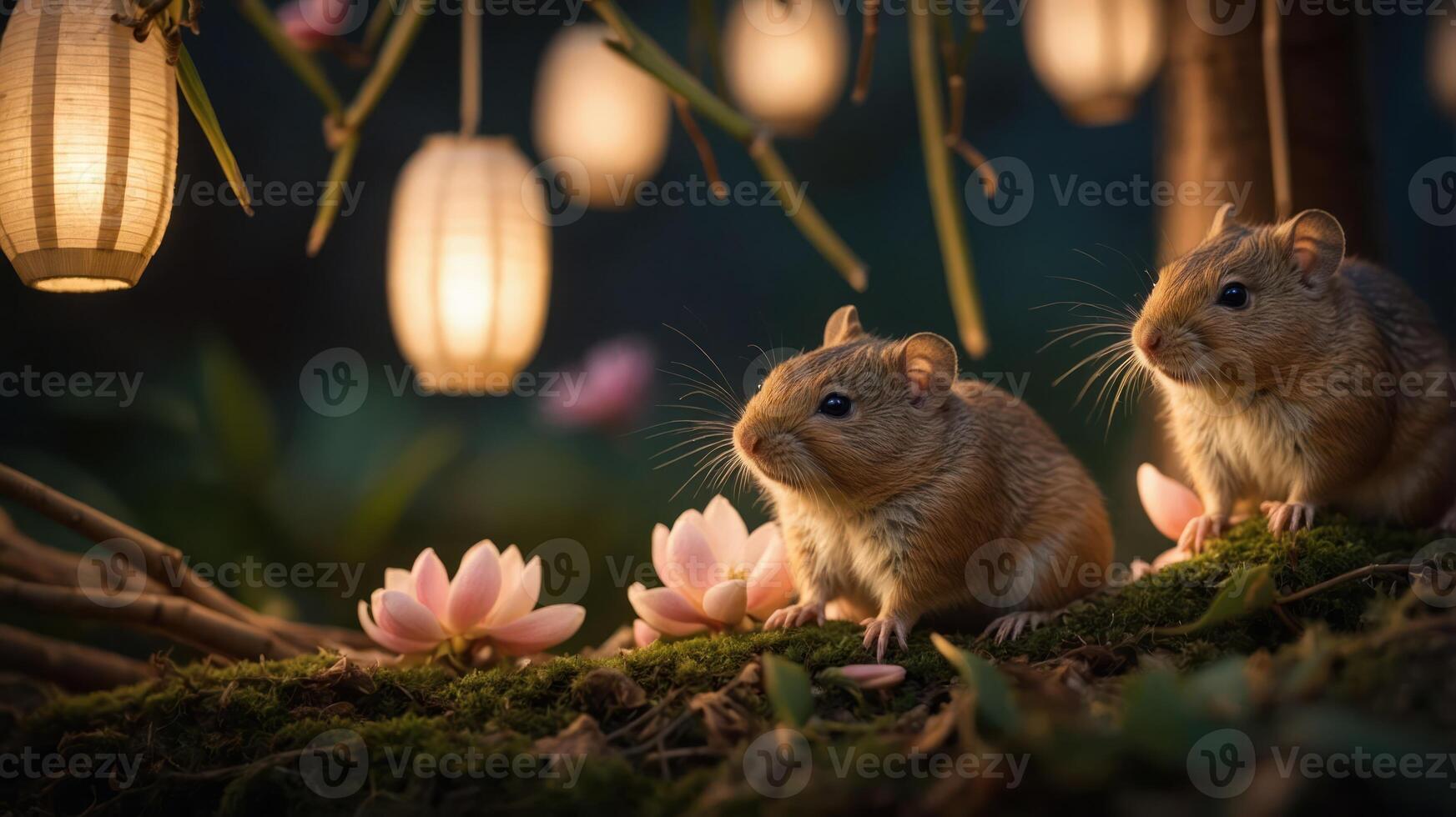 Two small rodents sit among flowers and lanterns in a serene, illuminated setting. photo