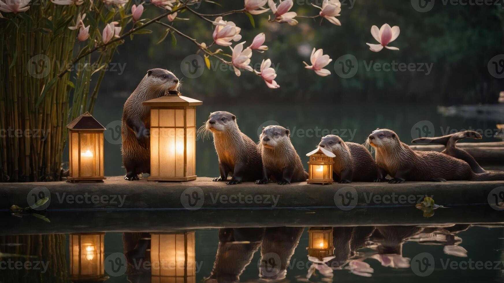 A serene scene featuring otters by a lantern-lit river surrounded by flowers. photo