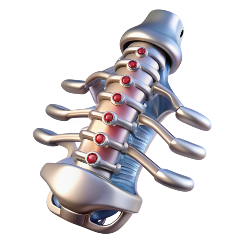 glorious bohemian Cybernetic spine implant, metallic vertebrae, intricate wiring. NO BACKGROUND with Transparent Background. professional png