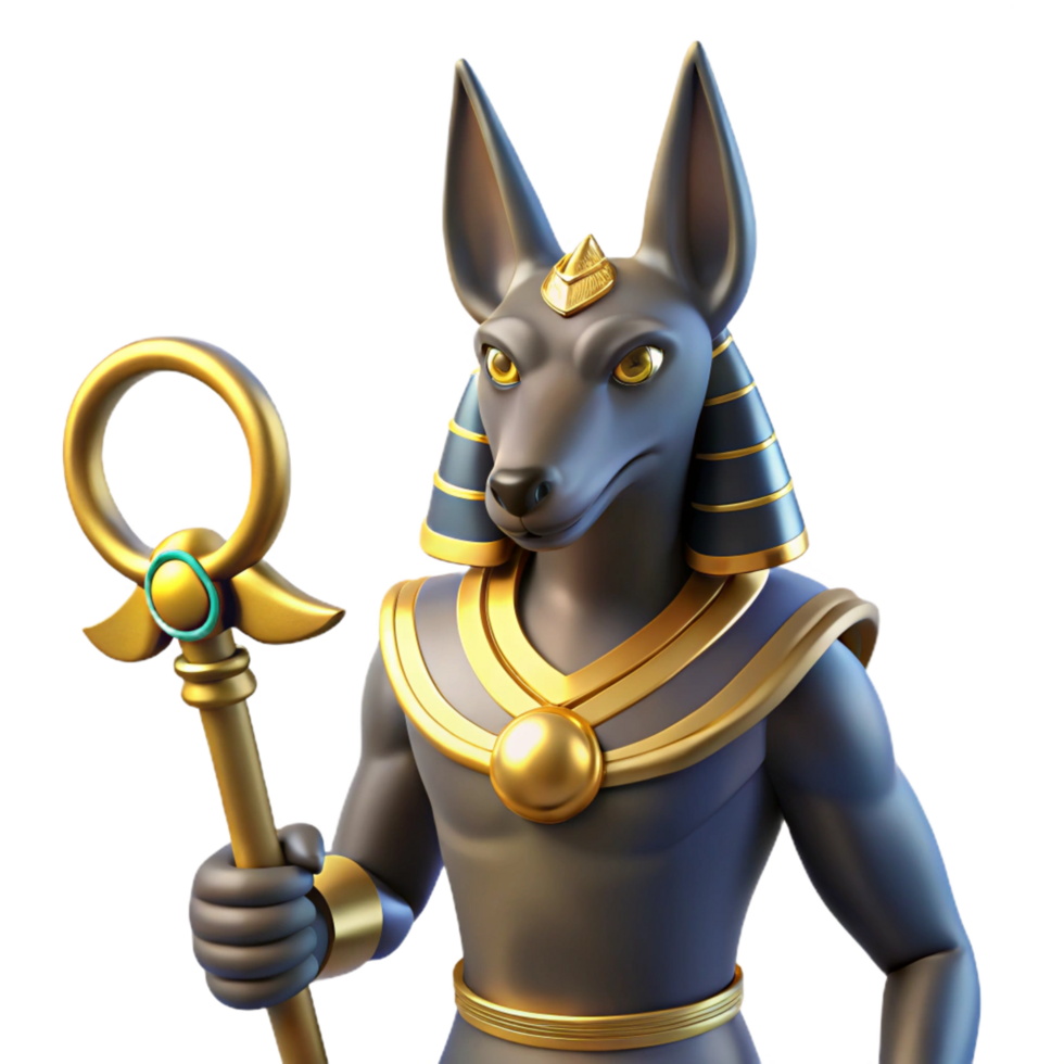 remarkable tropical Anubis, jackal-headed Egyptian god, holding an ankh, NO BACKGROUND with Transparent Background. crisp png