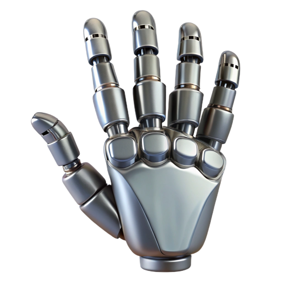 standout abstract Robot hand, articulated fingers, metallic finish, intricate joints. NO BACKGROUND with Transparent Background. authentic png
