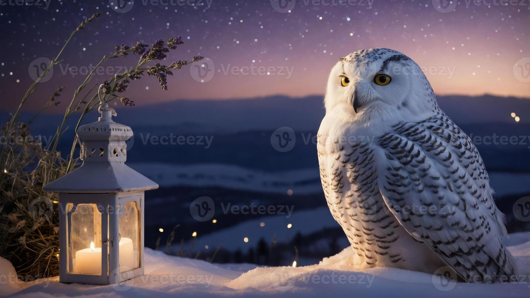 A snowy owl sits beside a lantern in a serene winter landscape at dusk. photo