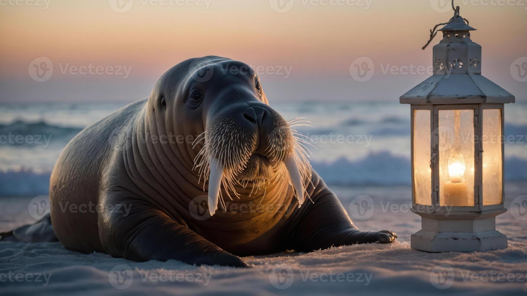 A walrus resting on a beach beside a lantern at sunset. photo