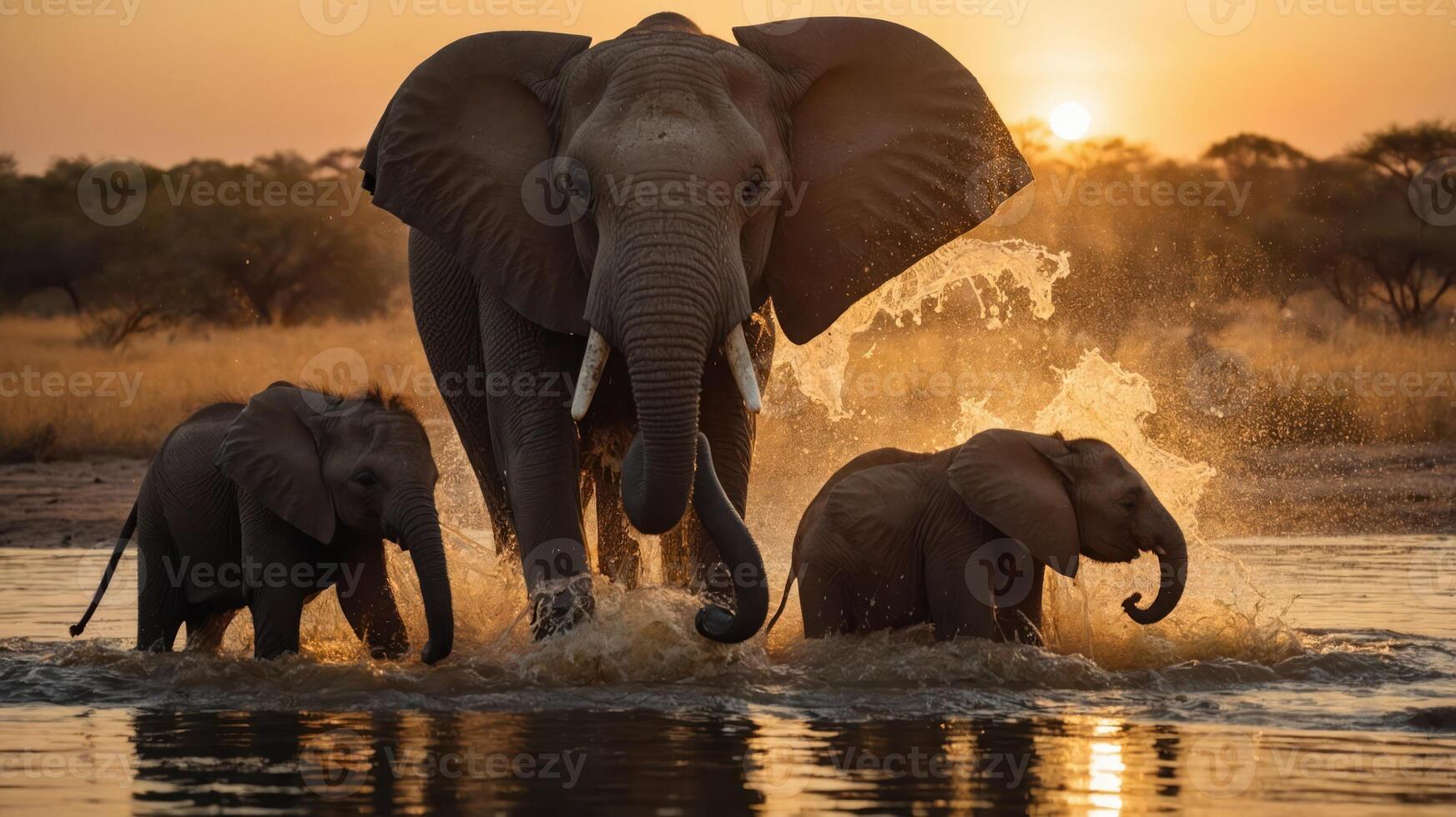 Elephants playfully splashing in water during sunset, showcasing wildlife beauty. photo