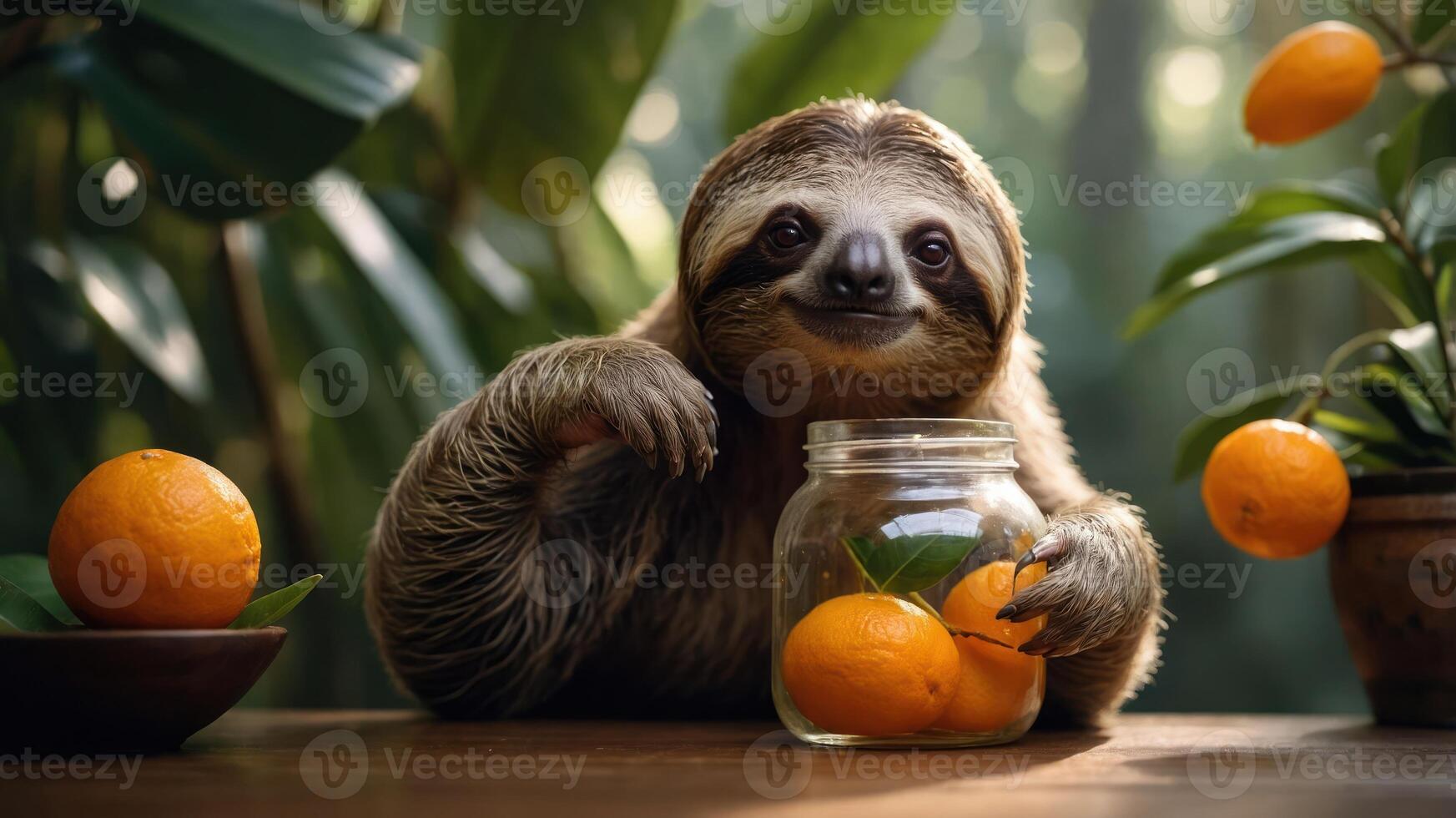 A sloth enjoying oranges in a jar, surrounded by greenery. photo