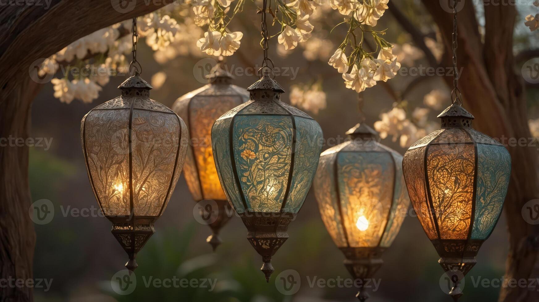 Decorative lanterns hanging among blossoms, casting warm light in a serene setting. photo