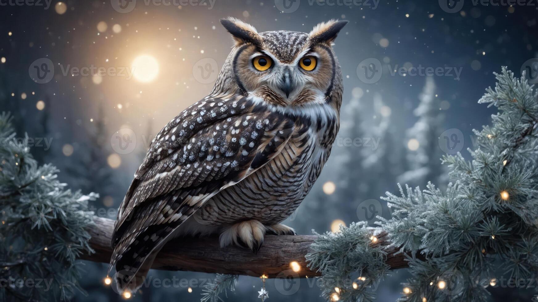 A majestic owl perched on a branch in a snowy forest at night, illuminated by moonlight. photo