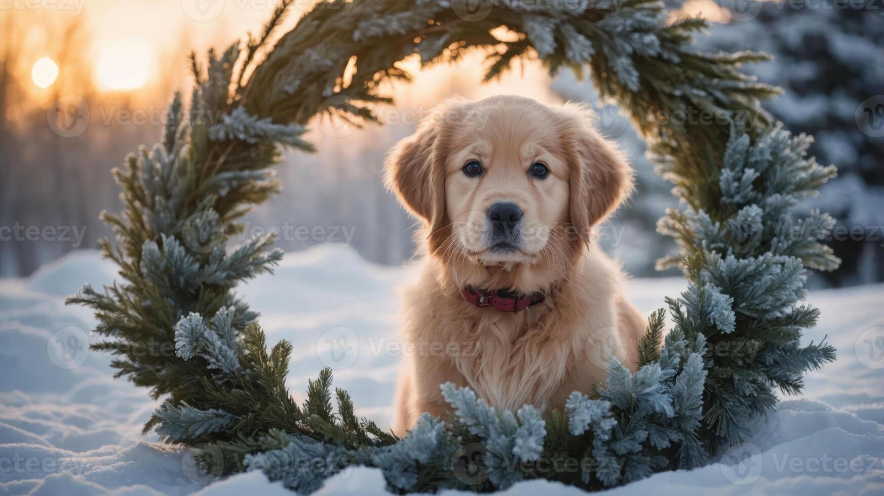 A golden retriever sits in a snowy landscape framed by a green wreath. photo