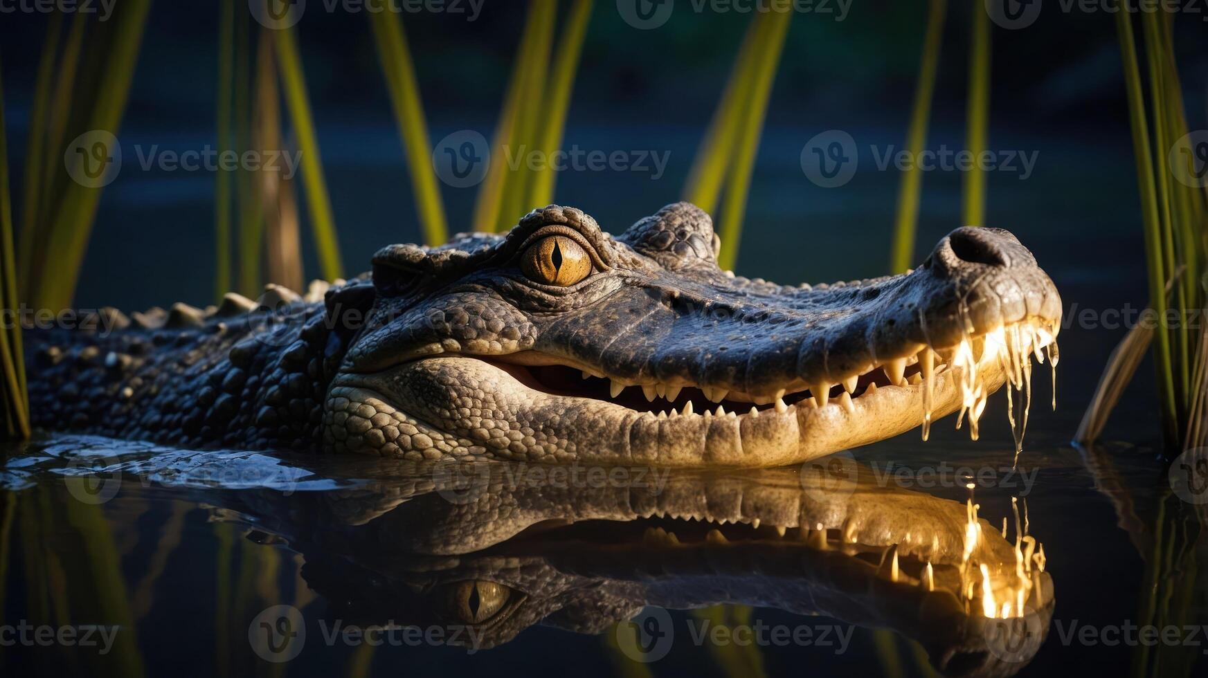 A close-up of a crocodile partially submerged in water with reflections and surrounding vegetation. photo