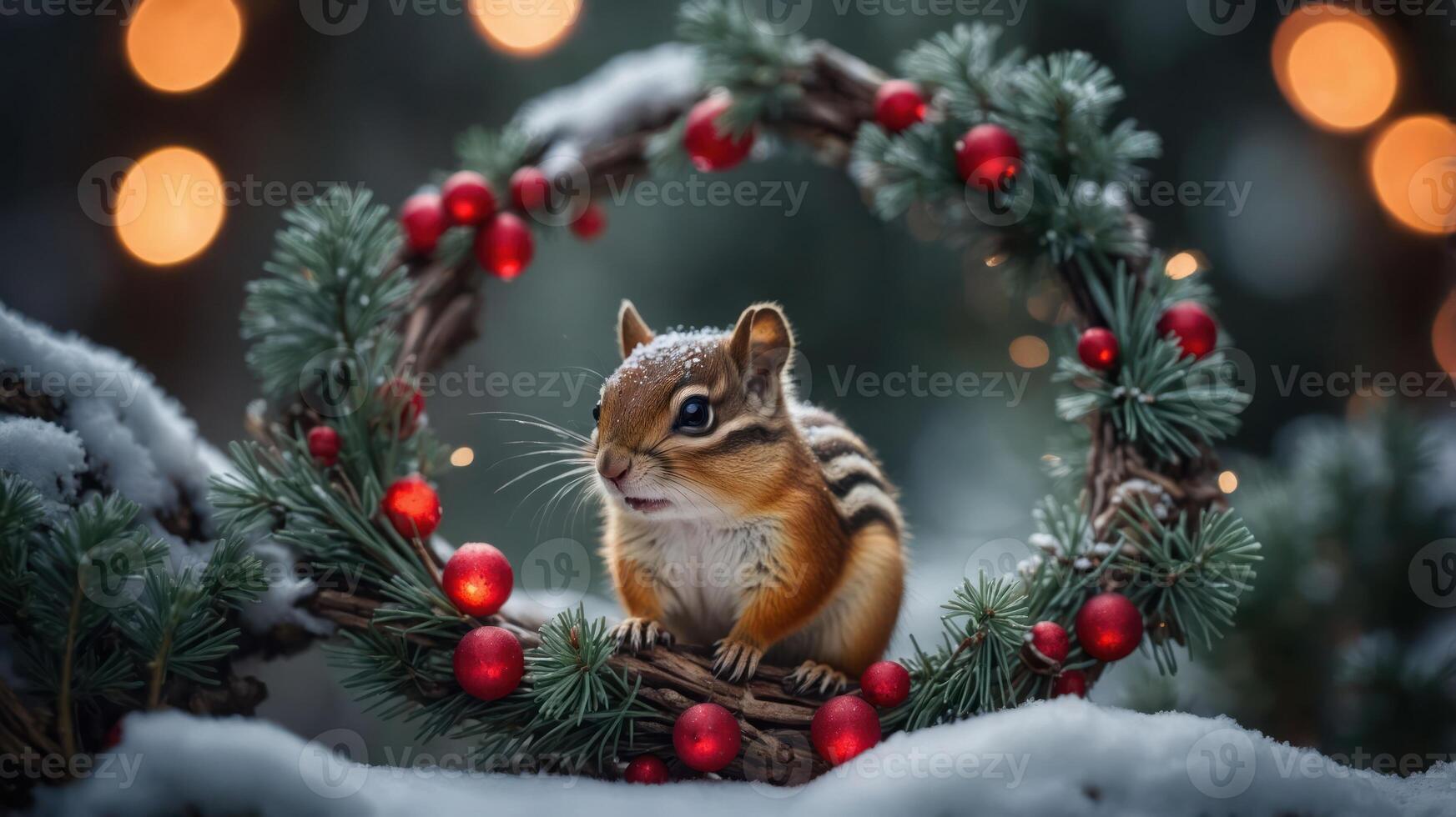 A chipmunk poses in a festive wreath adorned with red berries and greenery in a snowy setting. photo