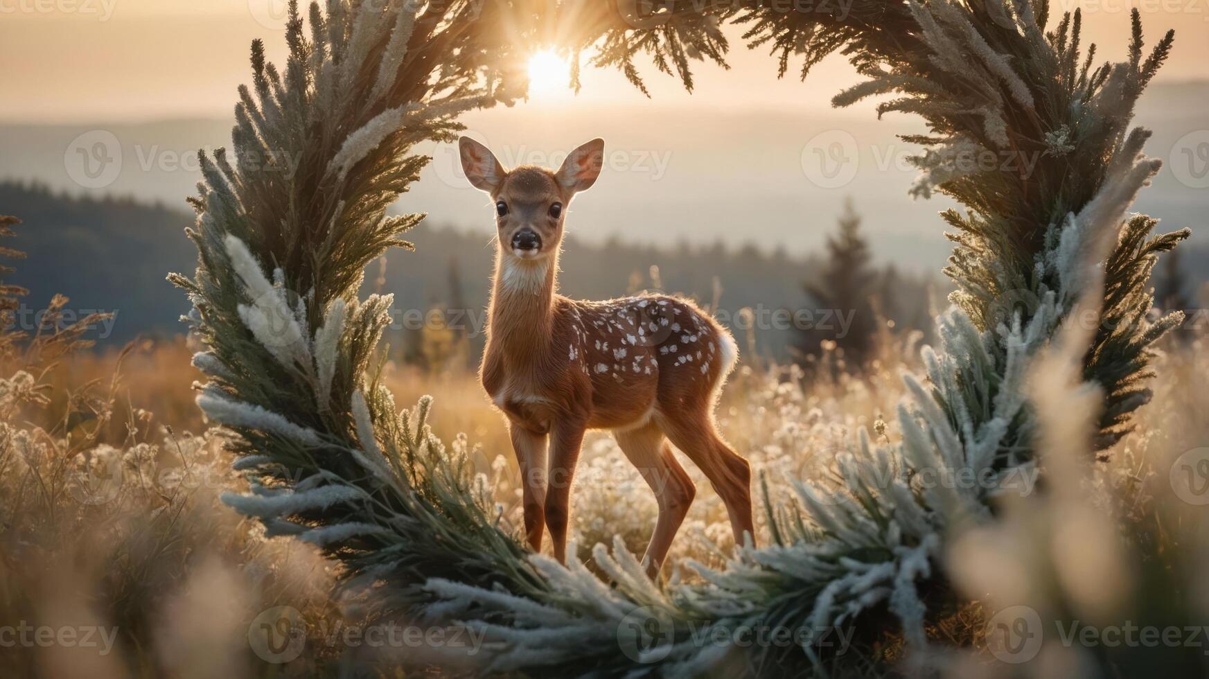 A fawn stands gracefully in a circular frame of greenery at sunset. photo