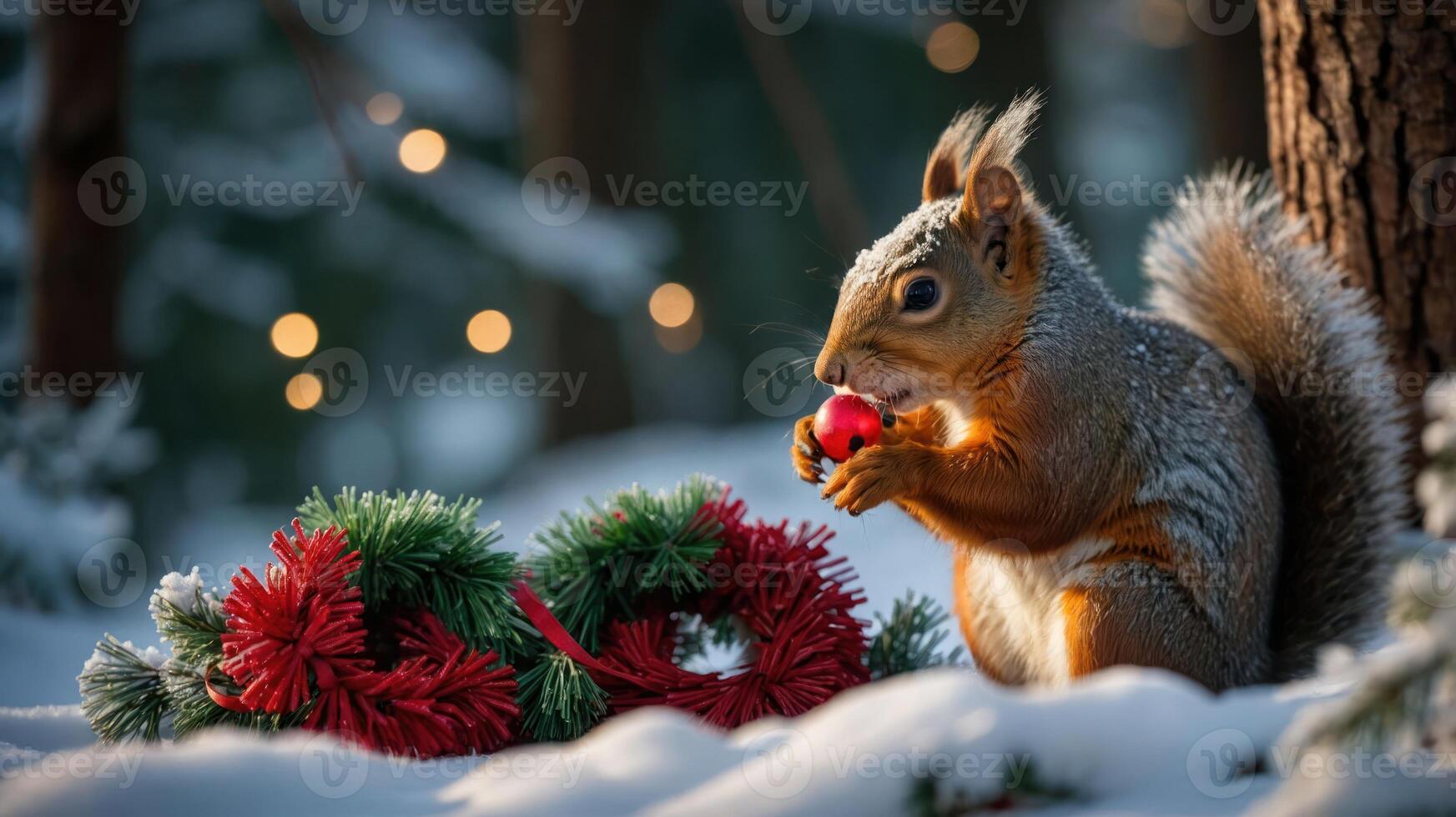 A squirrel holds a red ornament beside a festive wreath in a snowy forest setting. photo