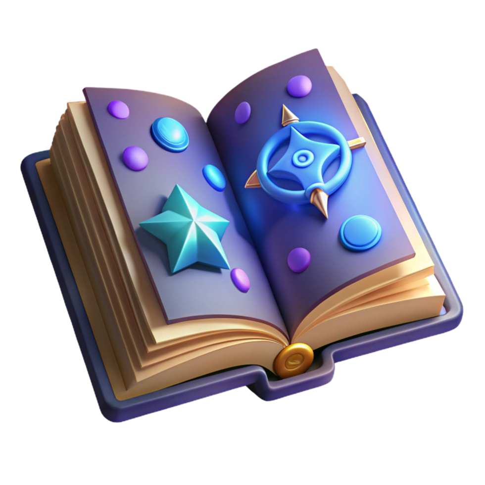unforgettable futuristic Single open spell book, glowing pages, magical symbols, NO BACKGROUND with Transparent Background. fine detail png
